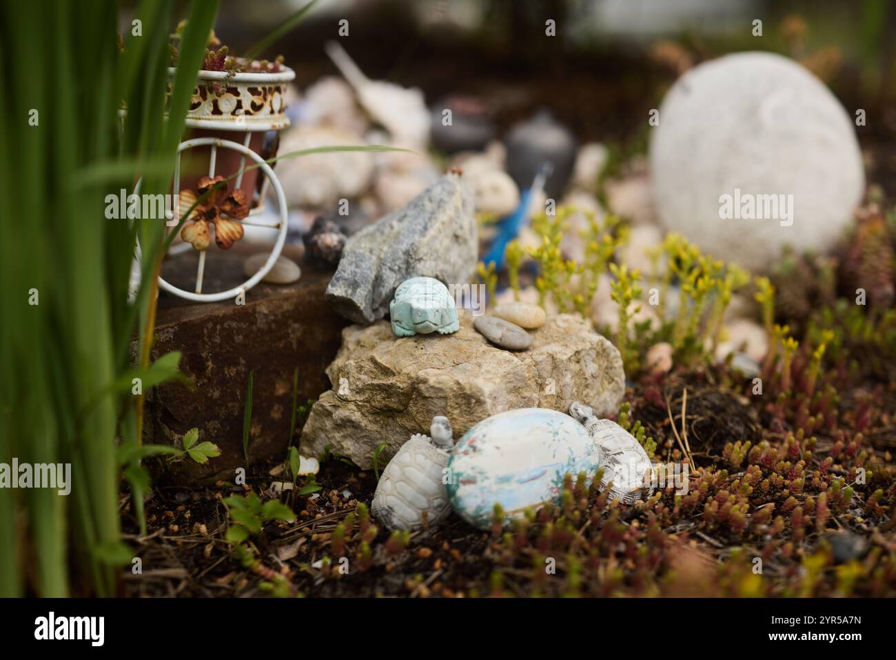 Un jardin miniature enchanteur avec des pierres décoratives colorées et divers éléments Banque D'Images