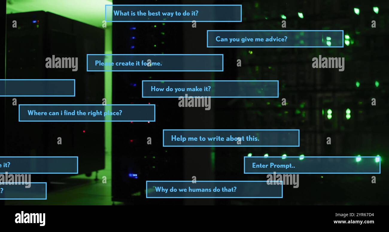 Illustration des boîtes de dialogue de l'interface ai au-dessus d'une salle de serveur sombre Banque D'Images