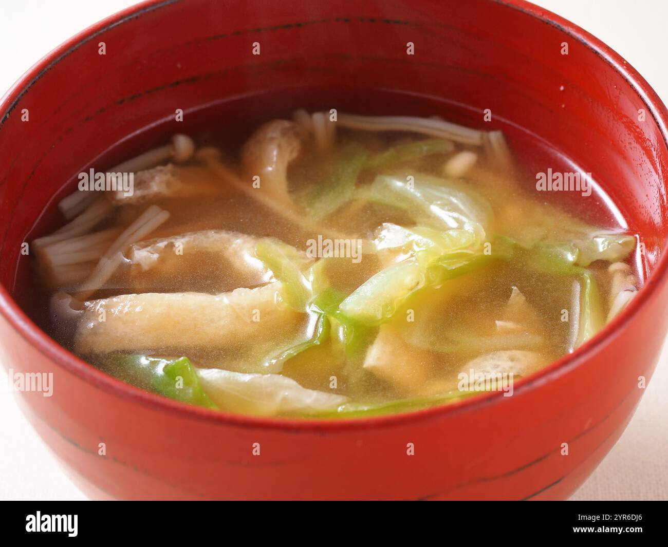 Soupe miso avec tofu frit, chou et champignons enoki Banque D'Images