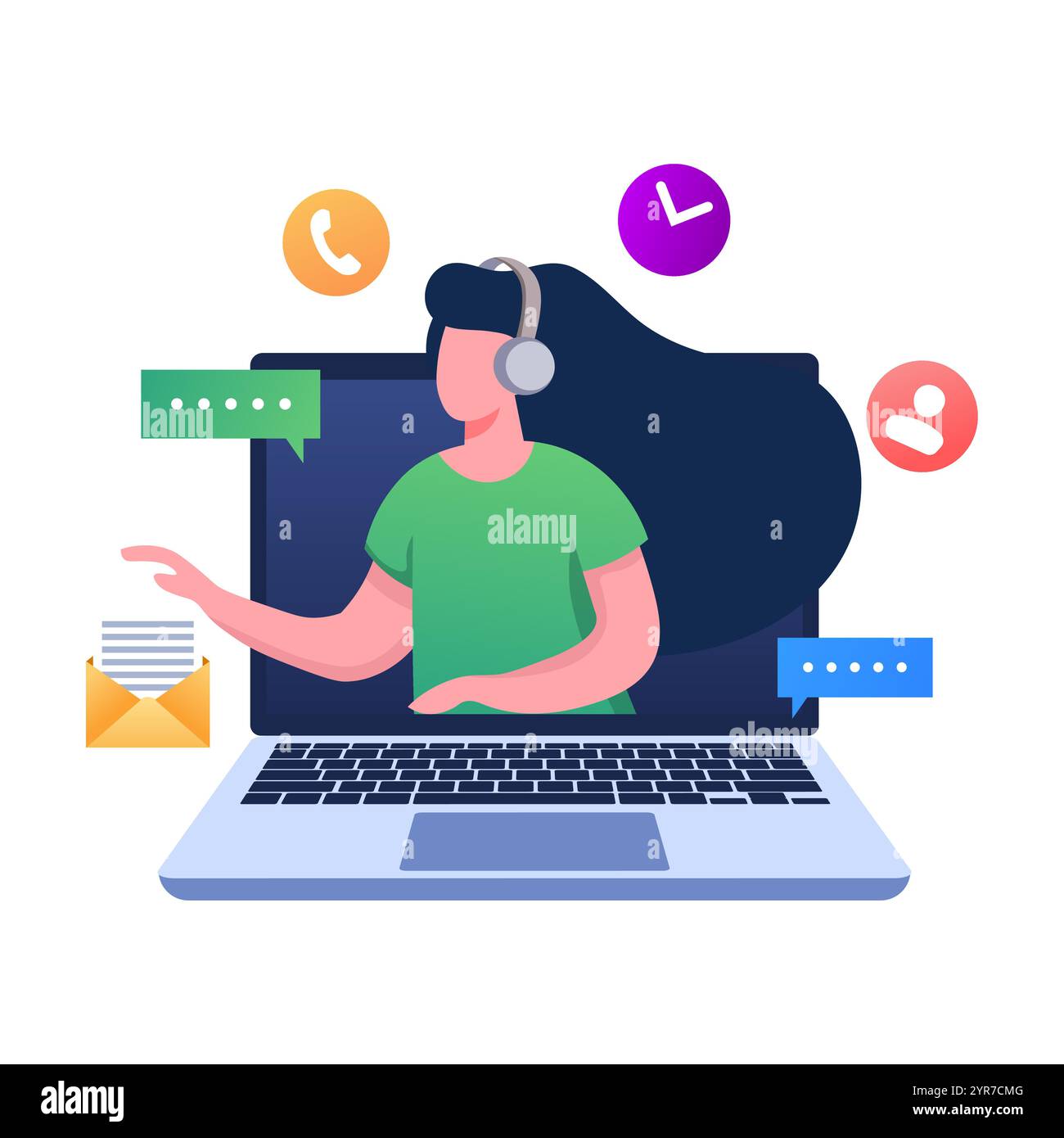 Opérateur de hotline féminin apparaît sur l'écran d'ordinateur portable, support client en ligne, aidant à résoudre les problèmes, support technique, opérateur de télémarketing, Un Illustration de Vecteur Opérateur de hotline féminin apparaît sur l'écran d'ordinateur portable, support client en ligne, aidant à résoudre les problèmes, support technique, opérateur de télémarketing, Un Illustration de Vecteur
