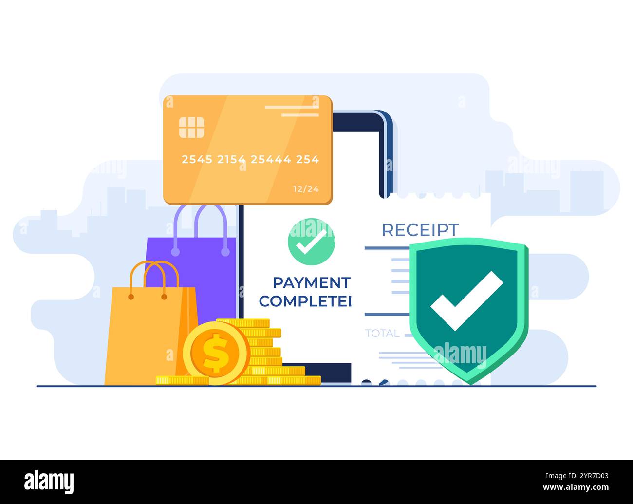 Modèle de vecteur d'illustration plat de concept d'achat en ligne, transaction, Mobile Banking, paiement sans espèces, paiement numérique sécurisé, application e-banking, Credi Illustration de Vecteur