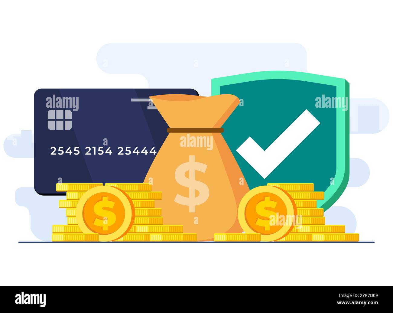 Paiements bancaires mobiles sécurisés avec modèle d'illustration vectorielle plate de concept de carte de crédit ou de débit bancaire, sécurité et protection des transactions monétaires, sec Illustration de Vecteur