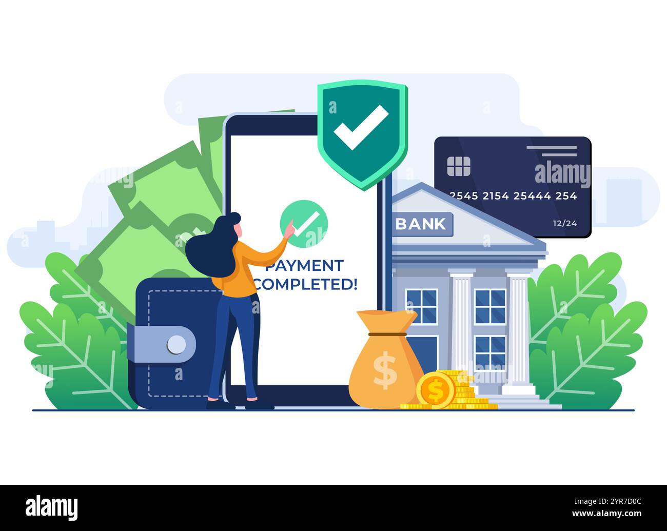 Femme effectuant le paiement en ligne en utilisant smartphone et carte de crédit, achats en ligne, E-commerce, Mobile Banking, paiement sans espèces, transaction sécurisée, Inter Illustration de Vecteur