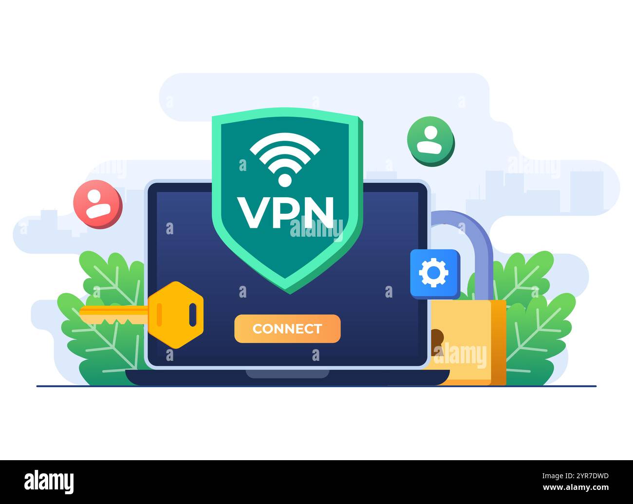 VPN pour protéger les données personnelles sur Internet, trafic web sécurisé, transfert de données cryptées, accès VPN, réseau privé virtuel, serveur distant, routage sécurisé Illustration de Vecteur