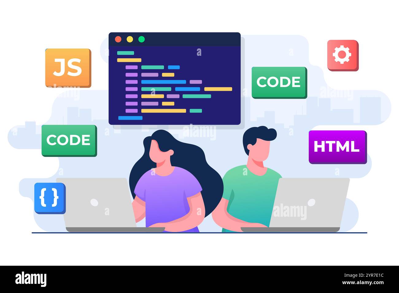 Code ou programme de câblage de développeur Web à l'aide d'ordinateur portable, programmation informatique, Java, symboles HTML, conception Web, logiciel, conception d'applications, programmation lan Illustration de Vecteur