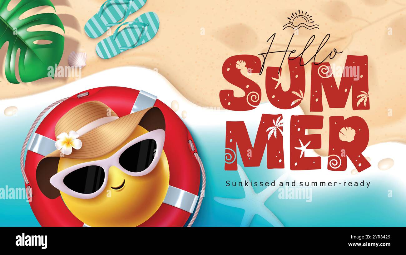 Hello Summer emoji clipart design de bannière. Bonjour texte de voeux d'été avec le caractère emoji cool portant des lunettes de soleil et des éléments de chapeau dans la plage flottante Illustration de Vecteur