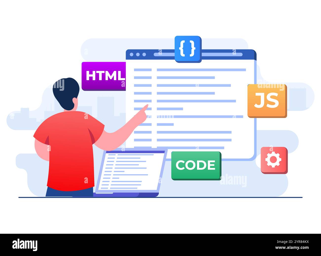 Code ou programme de câblage de développeur Web à l'aide d'ordinateur portable, programmation informatique, Java, symboles HTML, conception Web, logiciel, conception d'applications, programmation lan Illustration de Vecteur