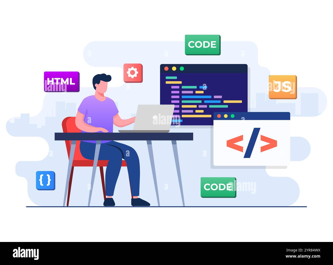 Code ou programme de câblage de développeur Web à l'aide d'ordinateur portable, programmation informatique, Java, symboles HTML, conception Web, logiciel, conception d'applications, programmation lan Illustration de Vecteur