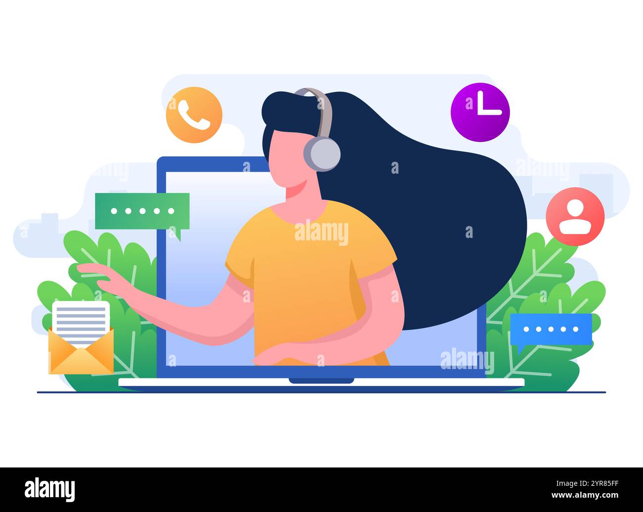 Opérateur de hotline féminin apparaît sur l'écran d'ordinateur portable, support client en ligne, aidant à résoudre les problèmes, support technique, opérateur de télémarketing, Un Illustration de Vecteur Opérateur de hotline féminin apparaît sur l'écran d'ordinateur portable, support client en ligne, aidant à résoudre les problèmes, support technique, opérateur de télémarketing, Un Illustration de Vecteur