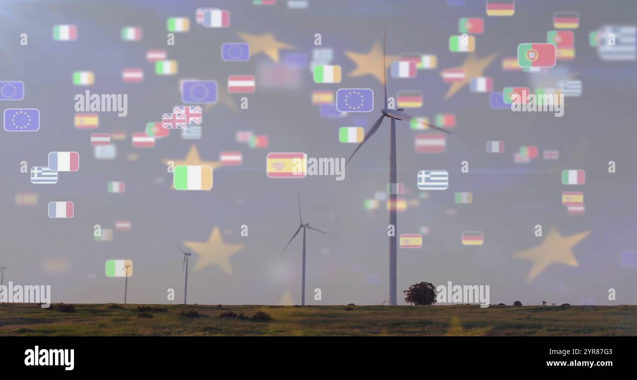Éoliennes sur le paysage avec l'image des drapeaux de pays flottants Banque D'Images