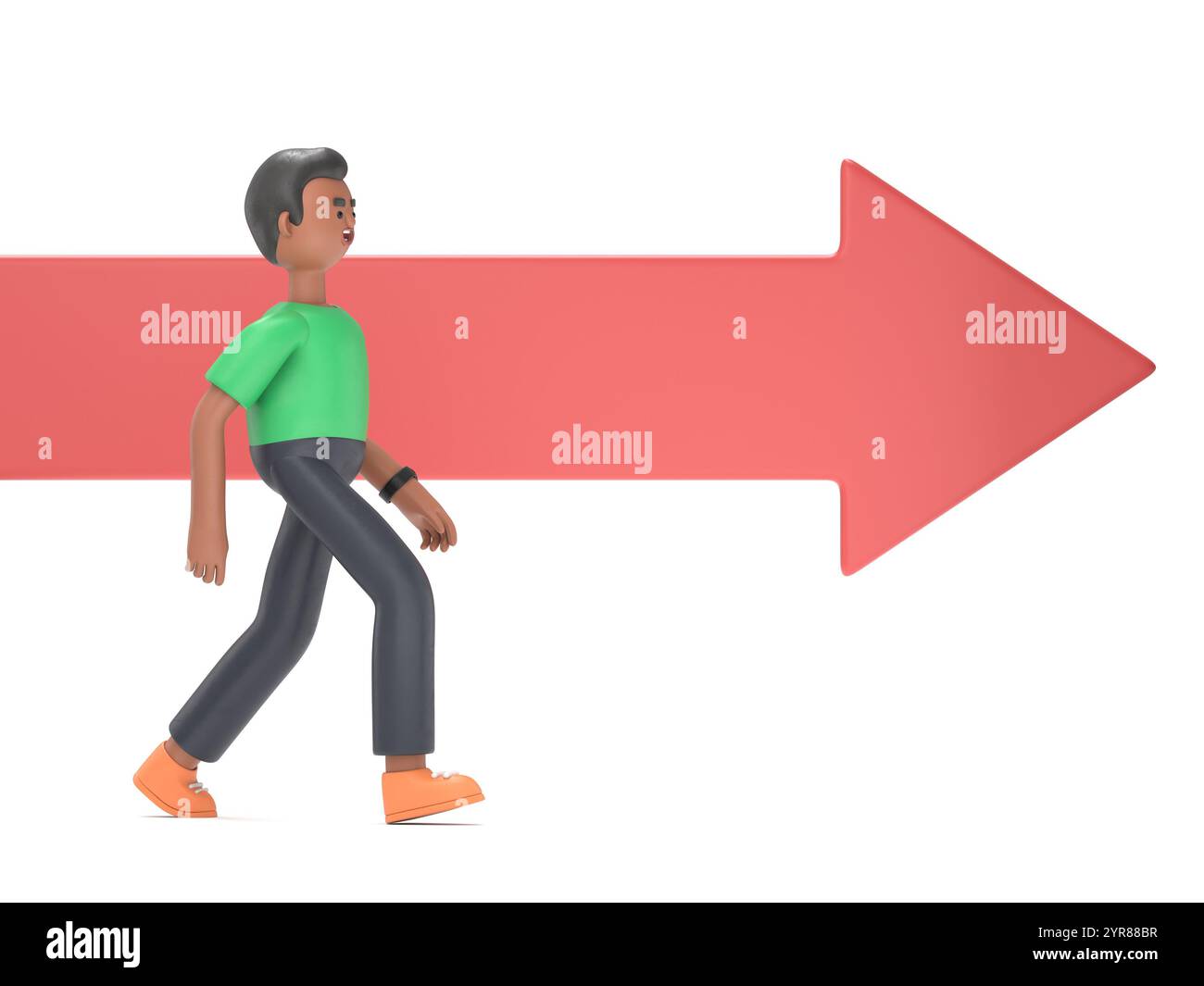 Illustration 3D du bel homme afro David et flèche rouge. Assurance des entreprises. Maquette 3D Character illustration.rendu 3D sur fond blanc. Banque D'Images