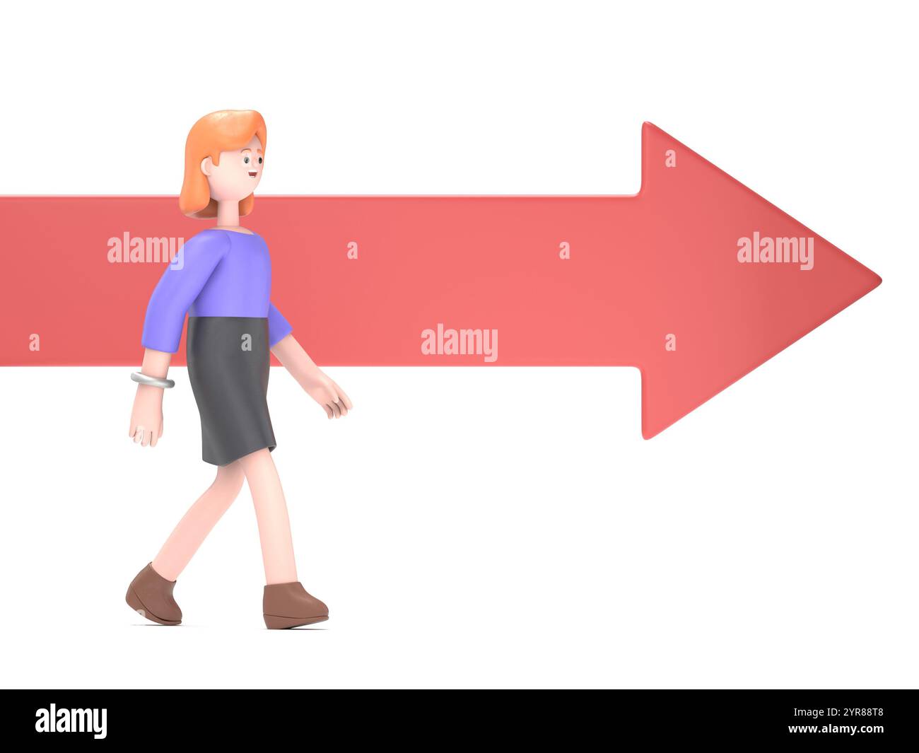 Illustration 3D de la femme d'affaires européenne Ellen et flèche rouge. Assurance des entreprises. Maquette 3D Character illustration.rendu 3D sur fond blanc. Banque D'Images