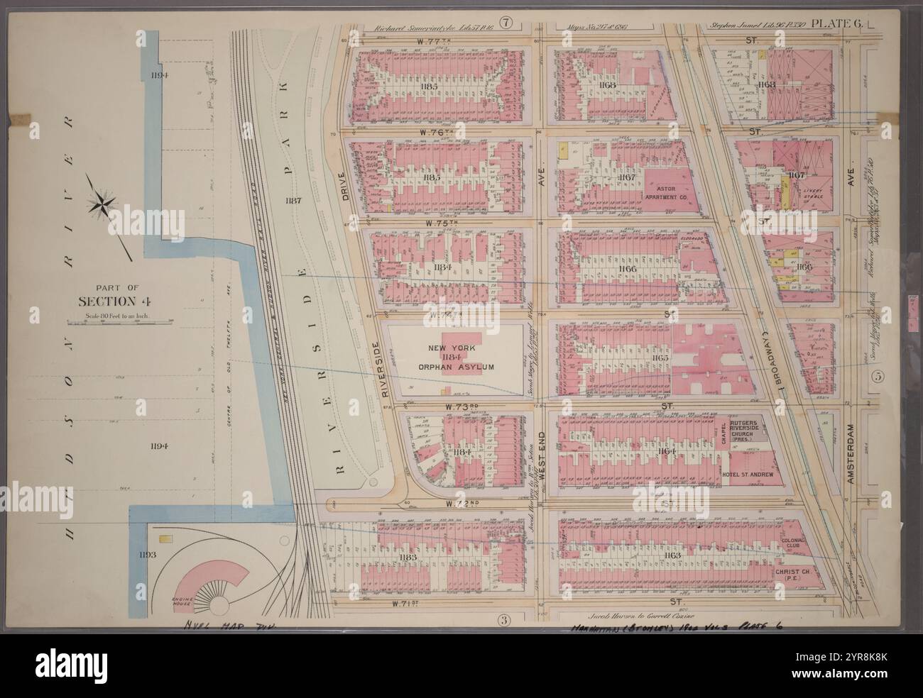 Planche 6, partie de la section 4 : [borné par W. 77th Street, Amsterdam Avenue, W. 71st Street, West End Avenue, W. 72nd Street et Riverside Drive] 1898 par Bromley, Walter Scott Banque D'Images