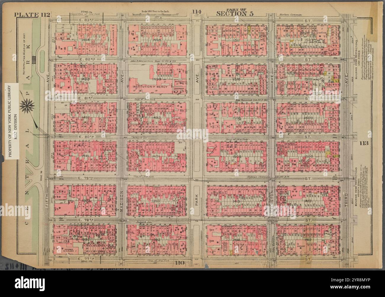 Délimité par E. 83rd Street, Third Avenue, E. 77th Street et (Central Park) Fifth Avenue, planche 112, partie de la section 5 1925 Banque D'Images