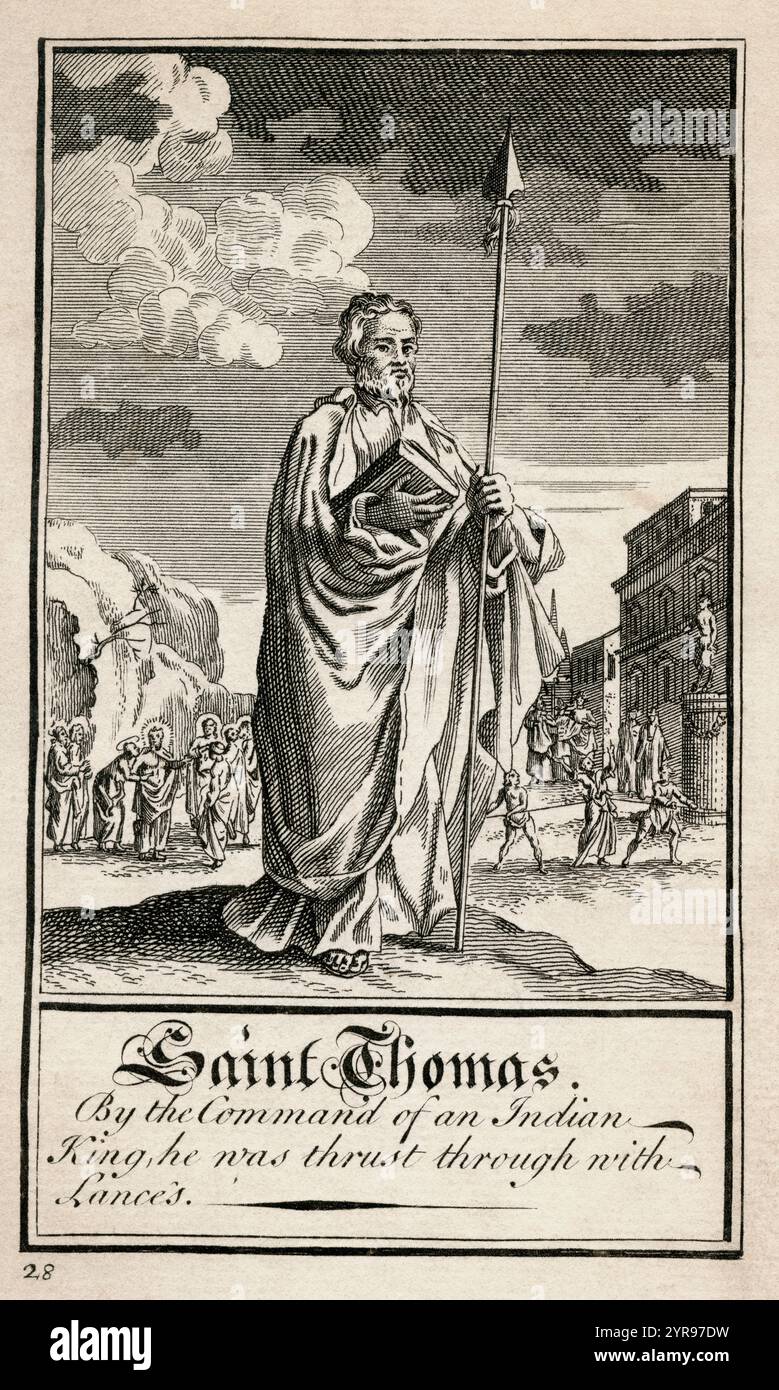 Thomas l'apôtre. L'illustration porte l'inscription : par le commandement d'un roi indien, il a été poussé à travers avec des lances. Tiré du Livre de la prière commune, publié vers 1730. Banque D'Images