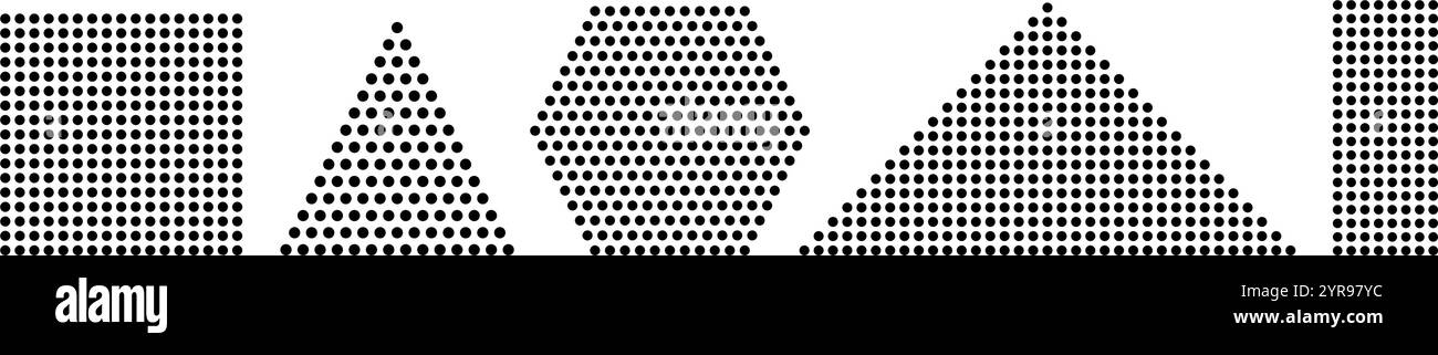 Formes géométriques en pointillés demi-teintes. Triangles texturés ponctués de vecteur isolé, carré, hexagone Illustration de Vecteur