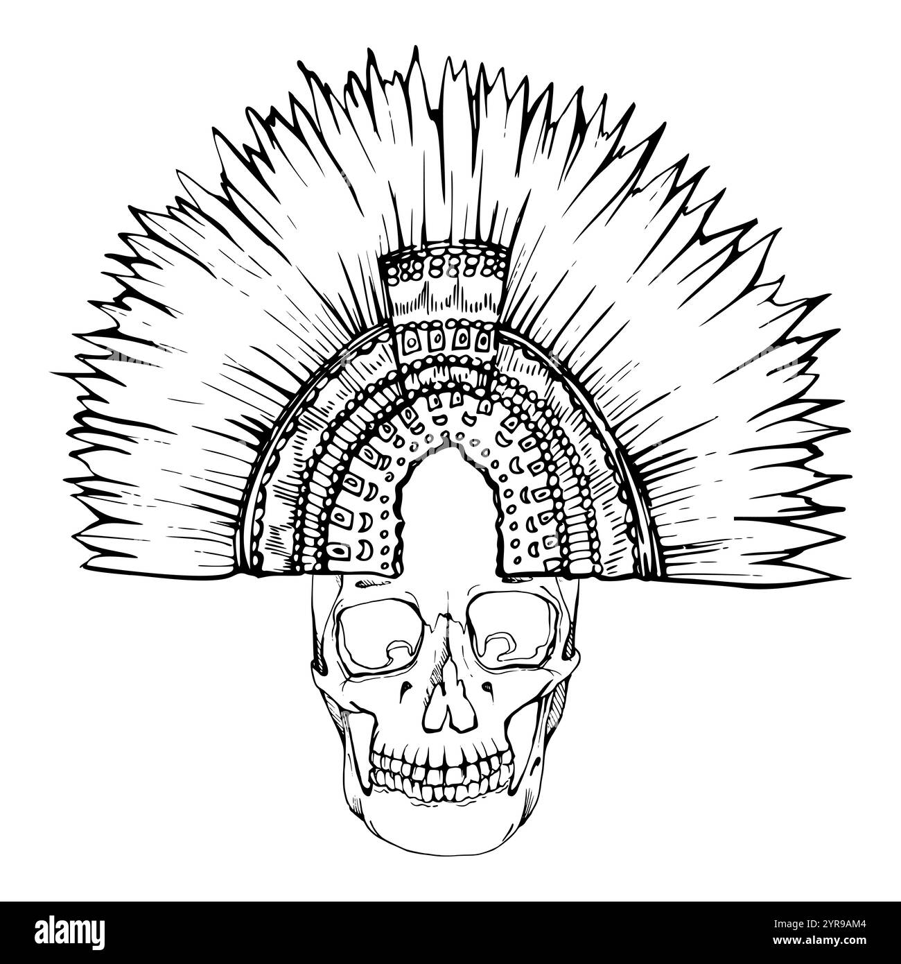 Crâne humain Cinco de Mayo, coiffe aztèque traditionnelle. Fête mexicaine symbole du jour des morts. Illustration isolée de vecteur d'encre dessinée à la main. Conception Illustration de Vecteur