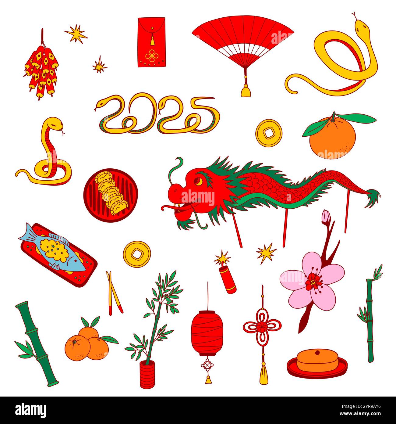 Clipart du nouvel an chinois. Année du serpent. Symbole d'icône du nouvel an lunaire. Enveloppe rouge, dragon, fleur de prune, pétards, boulettes, mandarines, etc Illustration de Vecteur