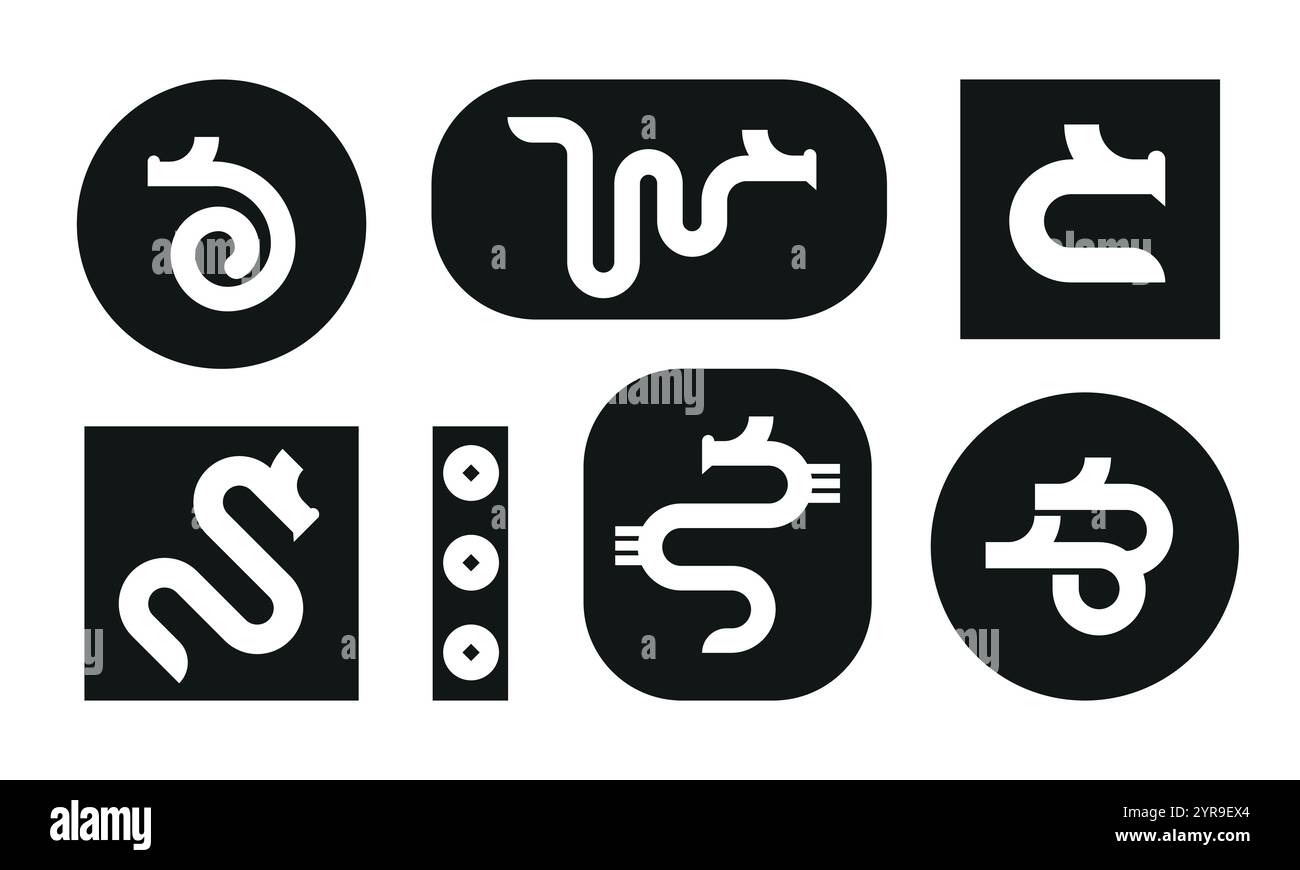 Collection de logo moderne avec dragon chinois blanc sur fond noir. Illustration de Vecteur