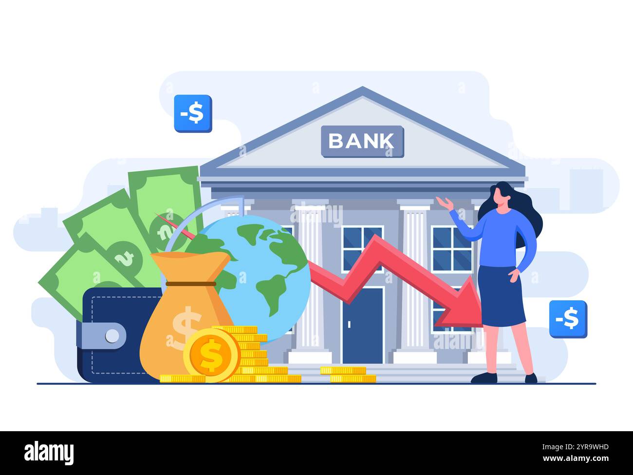 Crise financière, récession économique, krach du marché, faillite, faillite de l'entreprise, dette, modèle de vecteur d'illustration plat de revenus de perte d'argent Illustration de Vecteur