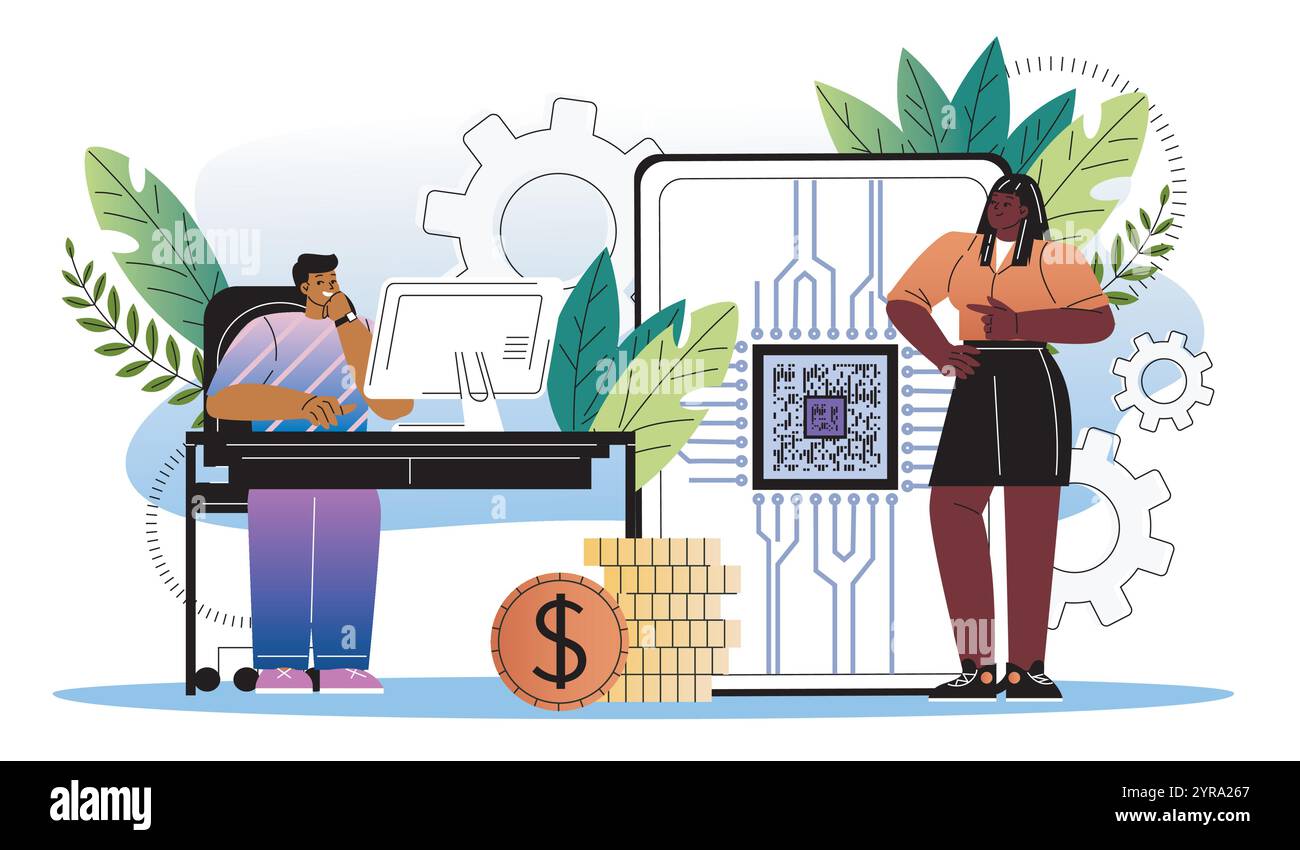 Homme d'affaires de pénurie de semi-conducteurs. Homme et femme près de la micropuce. Développement de processeurs pour ordinateurs et smartphones. Composants des gadgets et Illustration de Vecteur