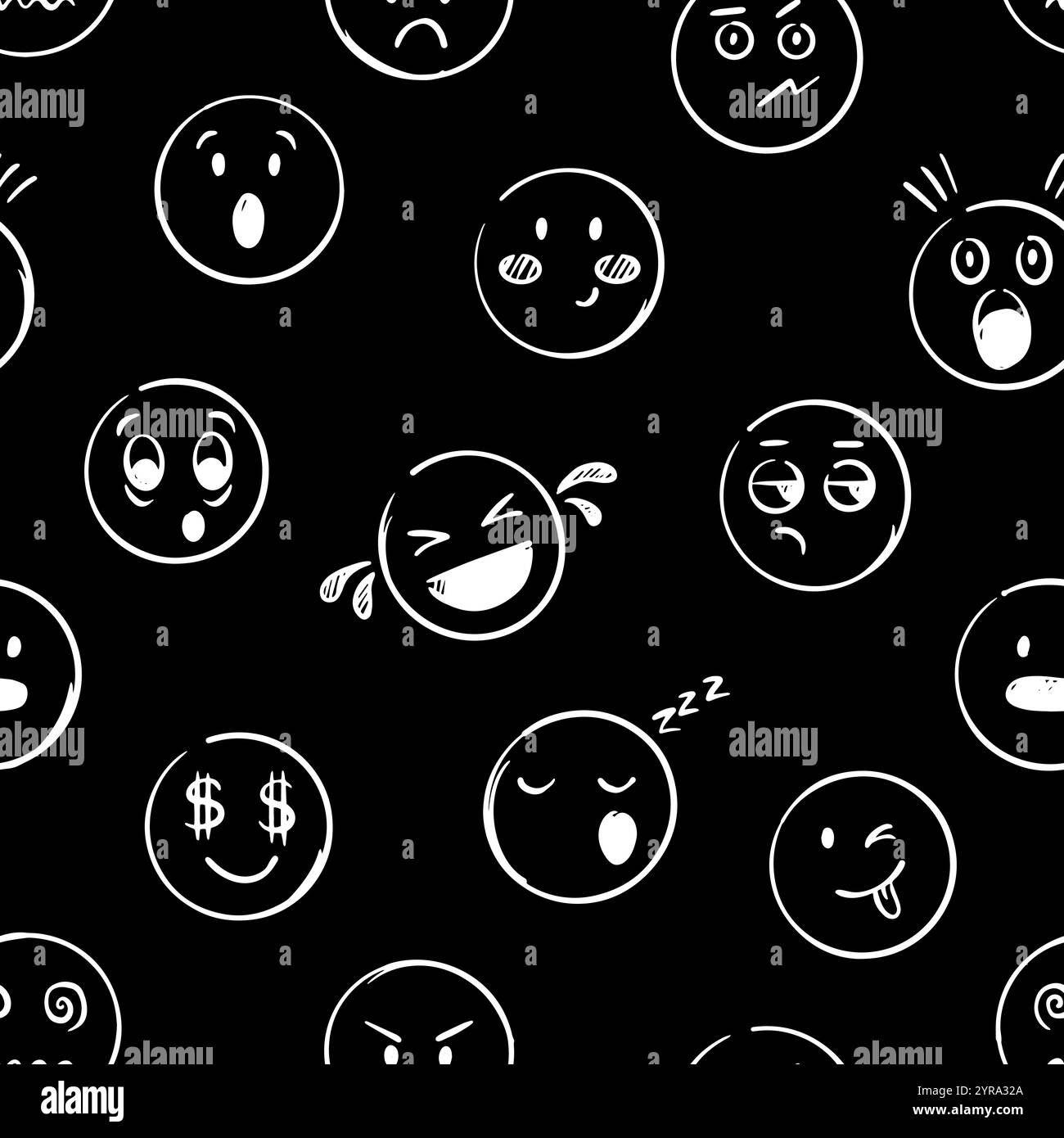 Différentes expressions émotionnelles font face à un motif sans couture. Imprimé décoratif dessiné à la main pour l'emballage ou le tissu. Modèle de page web positif, vecteur Illustration de Vecteur