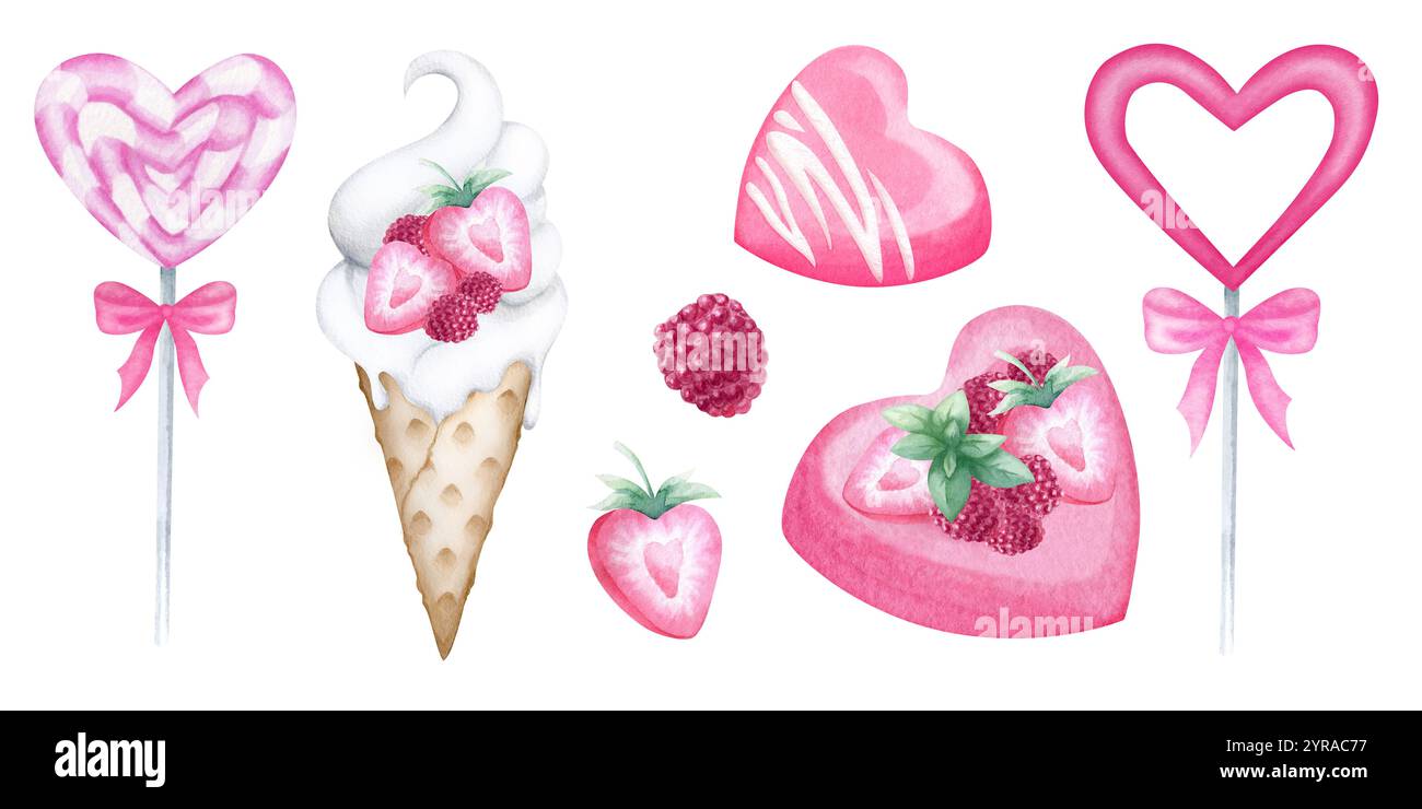 Pâtisserie en forme de coeur avec des fraises et un ensemble d'illustration isolé à l'aquarelle framboise. Gâteau festif dessiné à la main, crème glacée, bonbons avec des baies pour la Saint-Valentin romantique et des motifs de confiserie. Banque D'Images