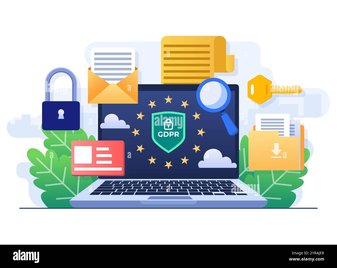 RGPD, Règlement général sur la protection des données, sécurité des données réseau, protection des données confidentielles, sécurité Web, concept de technologie de cybersécurité plate Ill Illustration de Vecteur