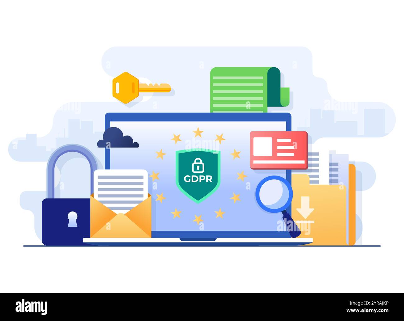 RGPD, Règlement général sur la protection des données, sécurité des données réseau, protection des données confidentielles, sécurité Web, concept de technologie de cybersécurité plate Ill Illustration de Vecteur