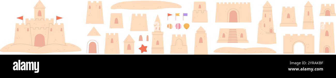 Eléments de château de sable. Murs et portails des tours pour enfants. Détails de construction pour les constructions sur la plage. Forteresses de palais de sable, forteresses racy vecteur set Illustration de Vecteur