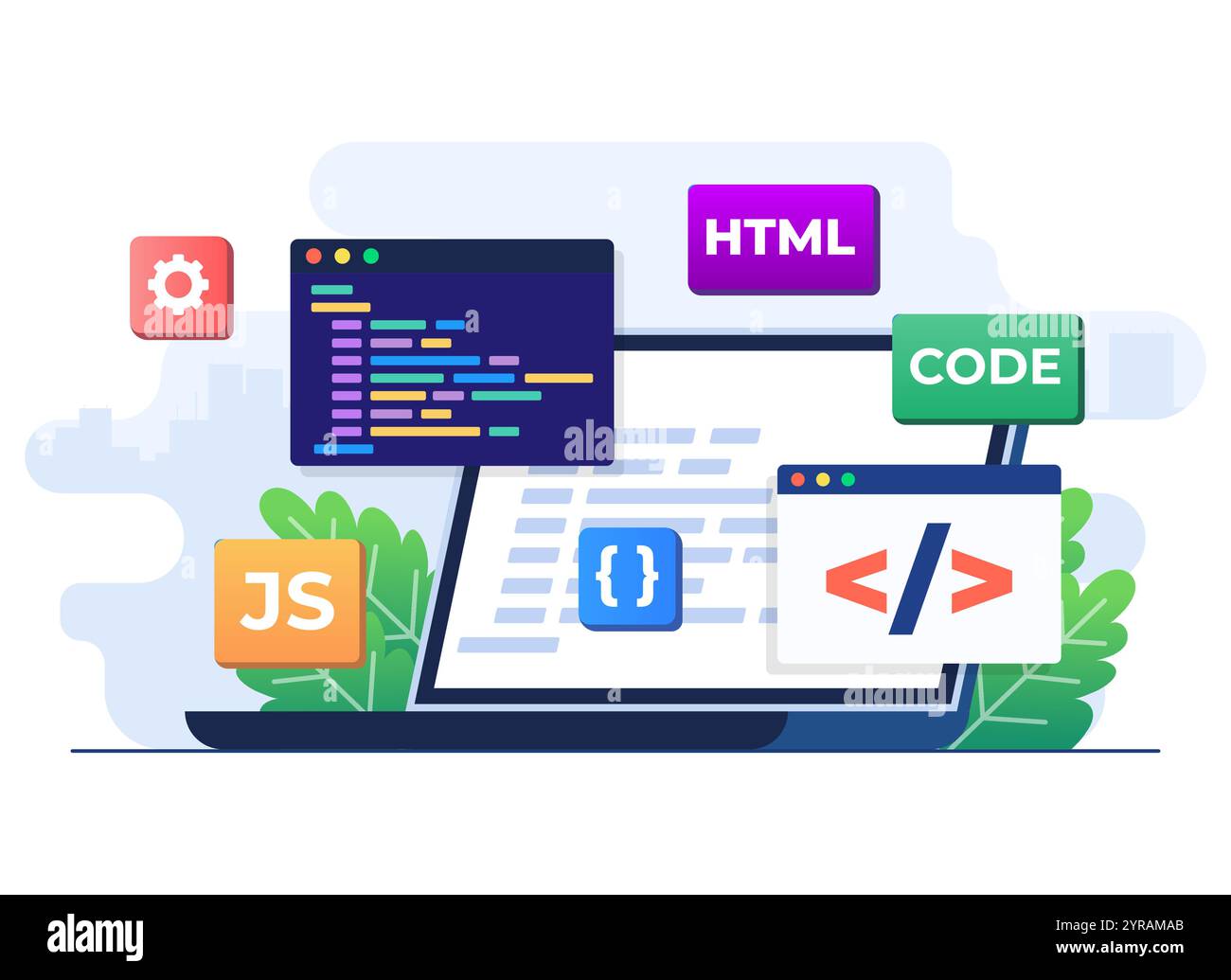 Modèle vectoriel plat d'illustration de concept de développement Web, conception Web, programmation informatique, conception d'applications mobiles, codage, logiciel, programmation Illustration de Vecteur