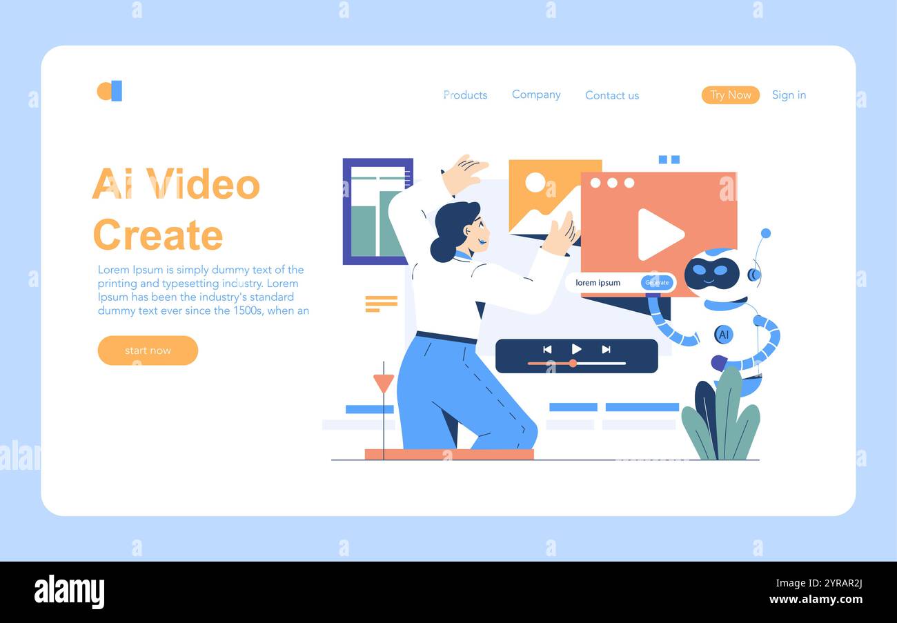 Concept de création vidéo d'intelligence artificielle. Une personne interagit avec l'IA pour le montage vidéo sur une plate-forme numérique. Innovation dans la production multimédia. Illustration vectorielle. Illustration de Vecteur