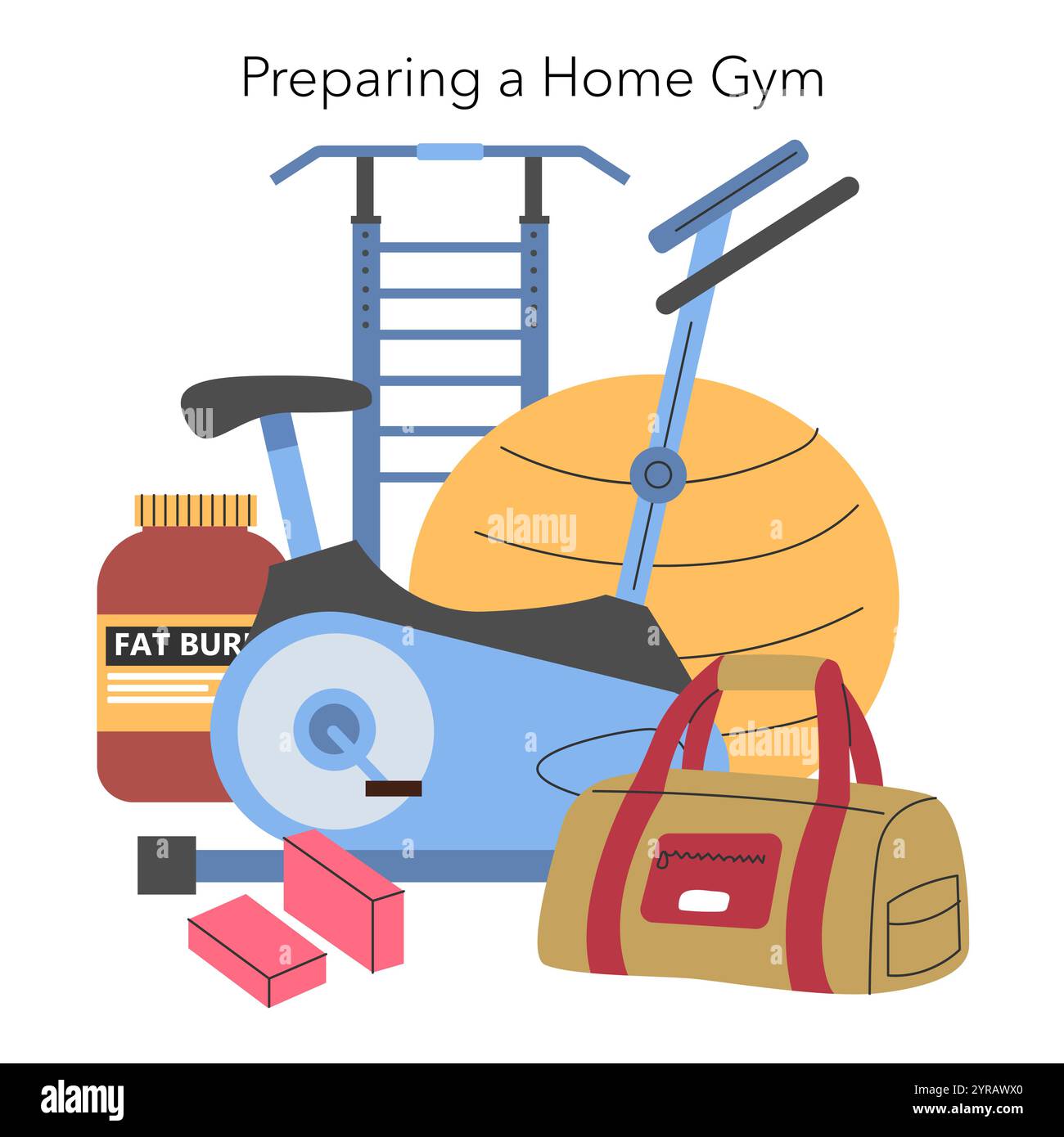 Concept d'installation de gymnase à domicile. Une collection d'équipements de fitness pour les séances d'entraînement à la maison. Vélo d'exercice, poids et balle de yoga pour les routines de santé et de fitness. Illustration vectorielle. Illustration de Vecteur