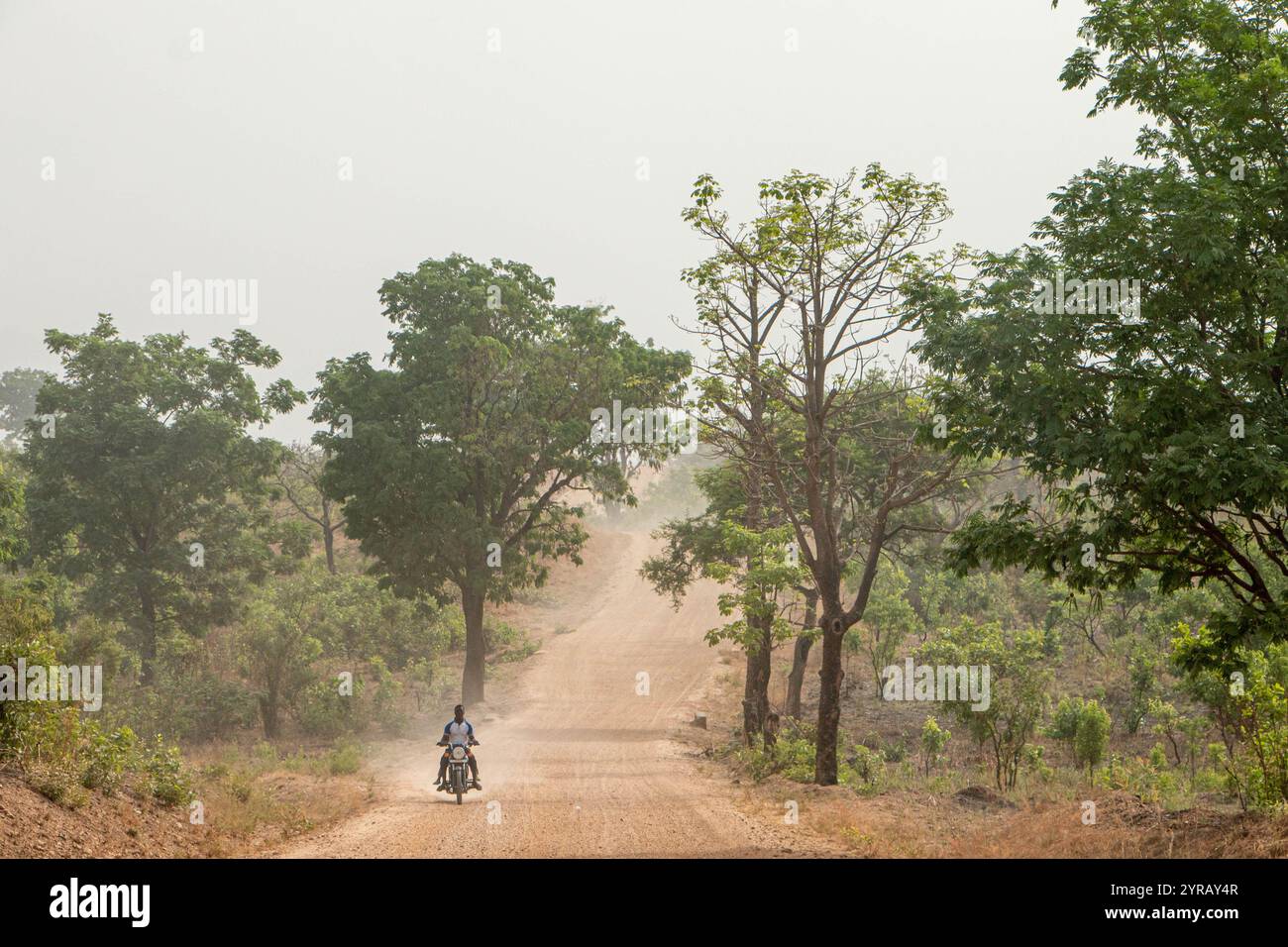 Motocycliste sur une route rurale poussiéreuse au Togo entouré d'arbres verts et d'un paysage de campagne pittoresque Banque D'Images