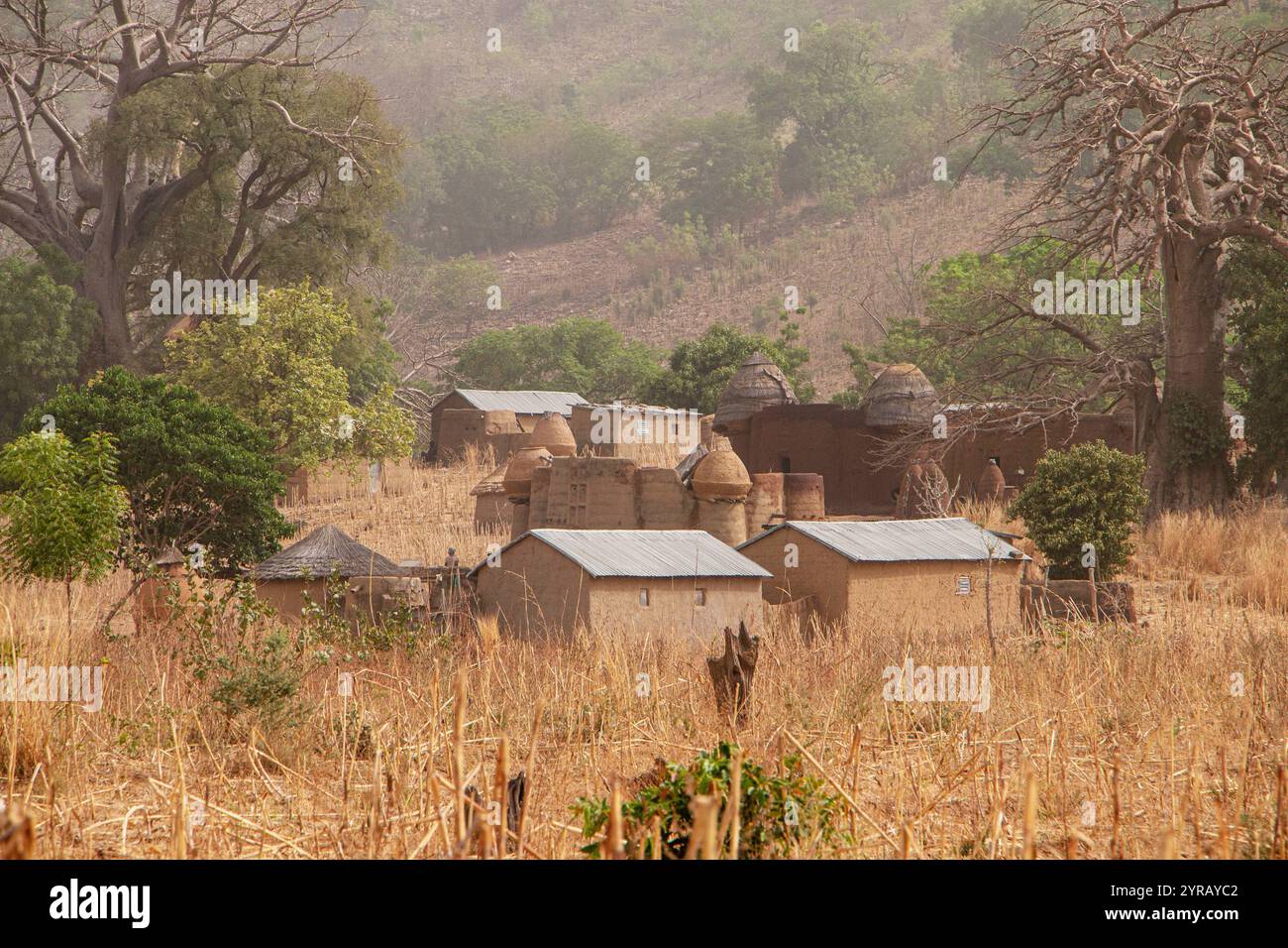 Village argile traditionnel au Togo niché au milieu de l'herbe sèche et des baobabs Banque D'Images