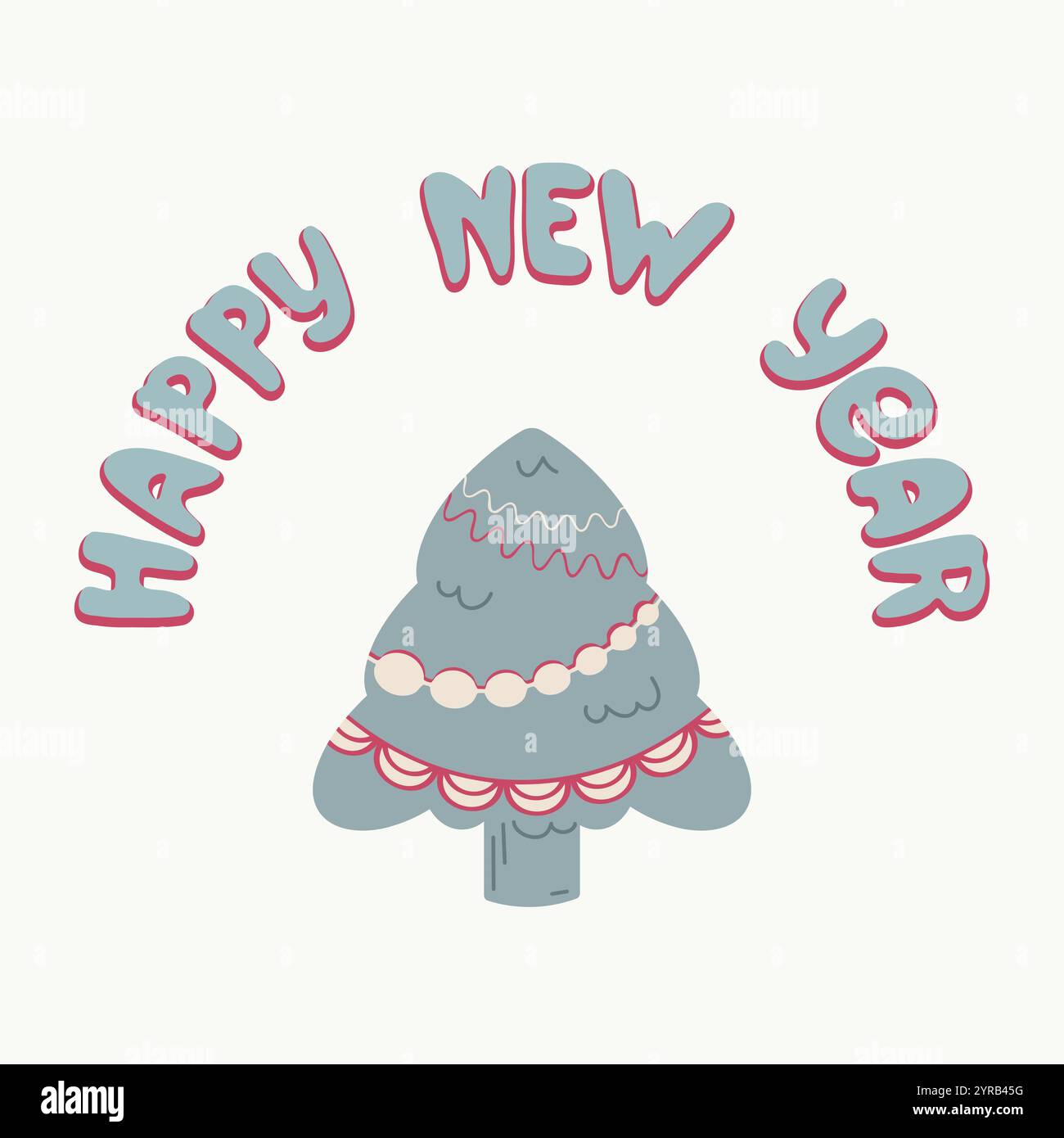 Bonne année, carte de fête de Noël. Ligne de trait de pinceau de tache d'encre dessinée à la main, lettrage de texte de style graphique de dessin animé de doodle. Couleur monochrome nordique Illustration de Vecteur