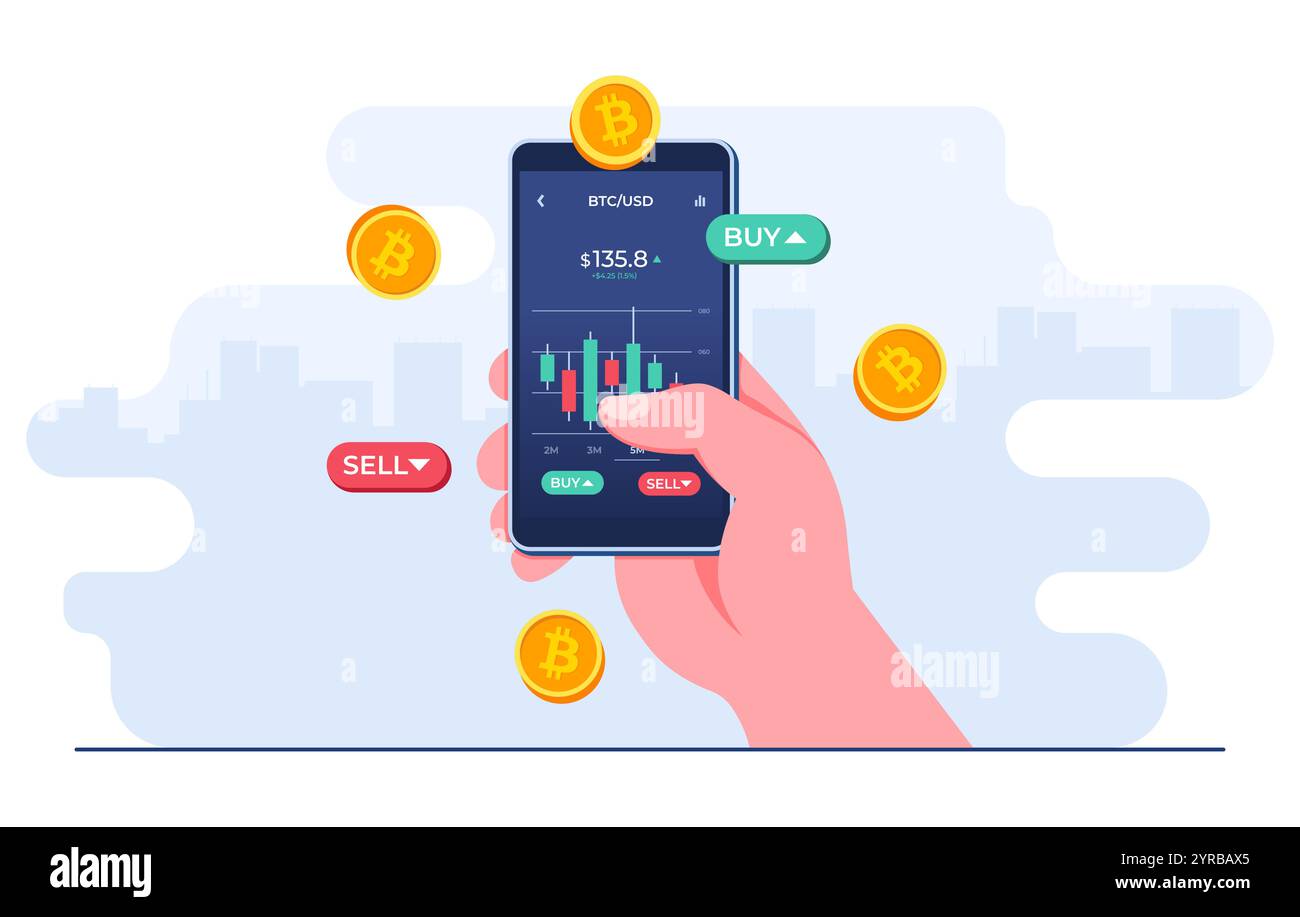 Téléphone portable de poche avec application financière sur l'écran pour acheter ou vendre des actions de marché boursier, profit des services de change de devises, Bitcoin, Investm Illustration de Vecteur