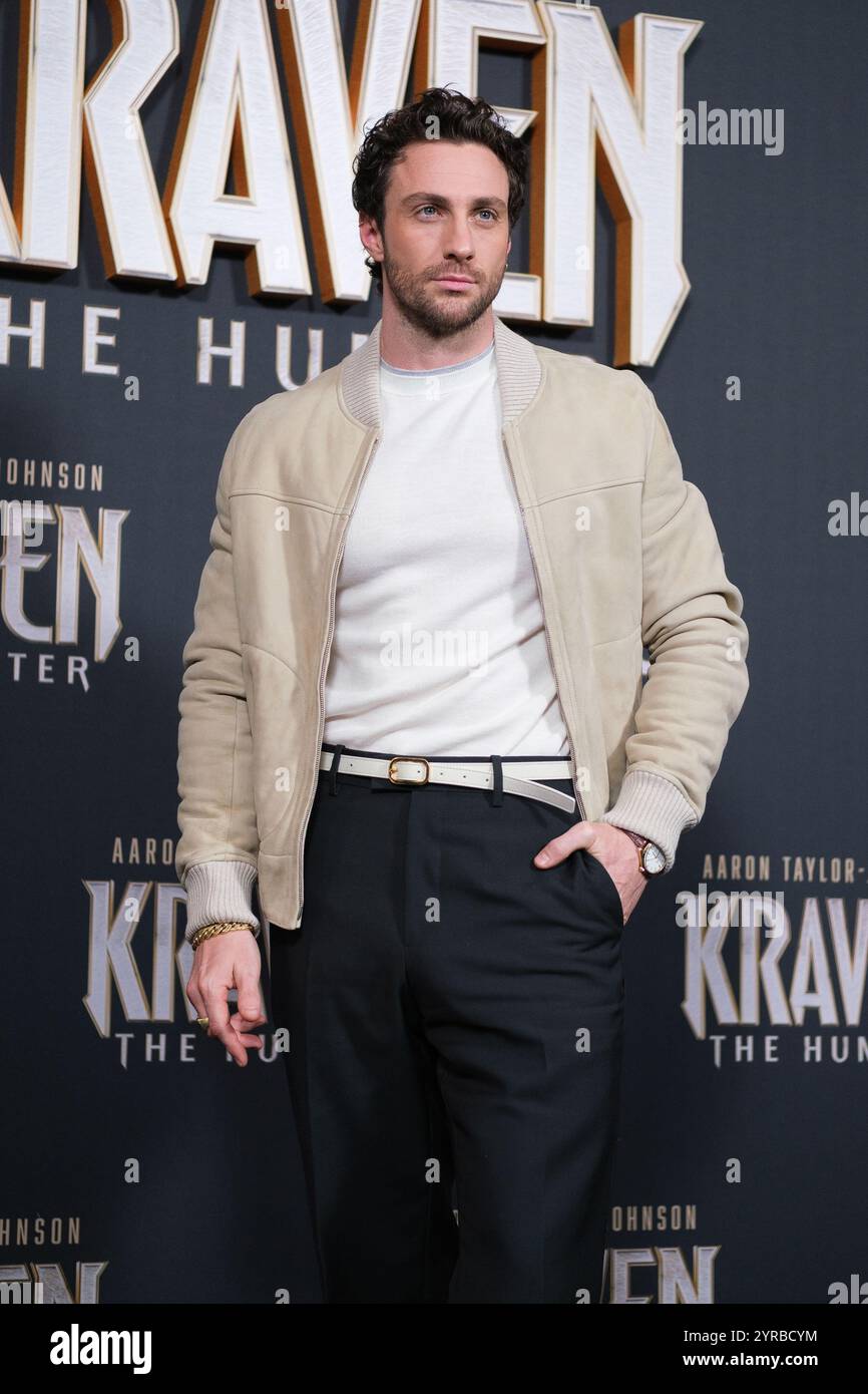 Madrid, Espagne. 03 décembre 2024. Aaron Taylor-Johnson présente à Madrid le film 'Kraven le chasseur', le 3 décembre 2024, à Madrid, Espagne. Crédit : Sipa USA/Alamy Live News Banque D'Images