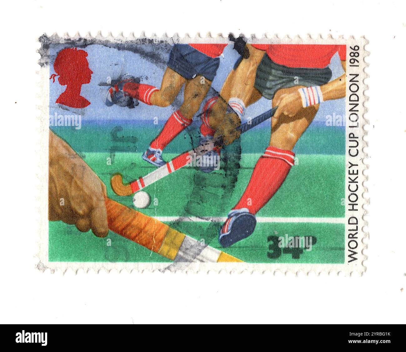 Timbre-poste vintage des Jeux du Commonwealth de 1986 de Grande-Bretagne représentant le hockey. Banque D'Images