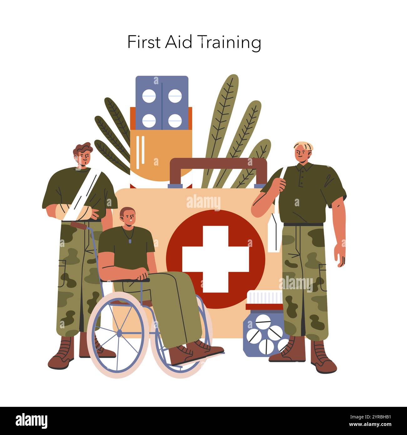 Concept de formation militaire aux premiers secours. Les soldats acquièrent des compétences en soins d'urgence avec des fournitures médicales et un fauteuil roulant. Préparation à la sécurité et traitement de santé. Illustration vectorielle. Illustration de Vecteur