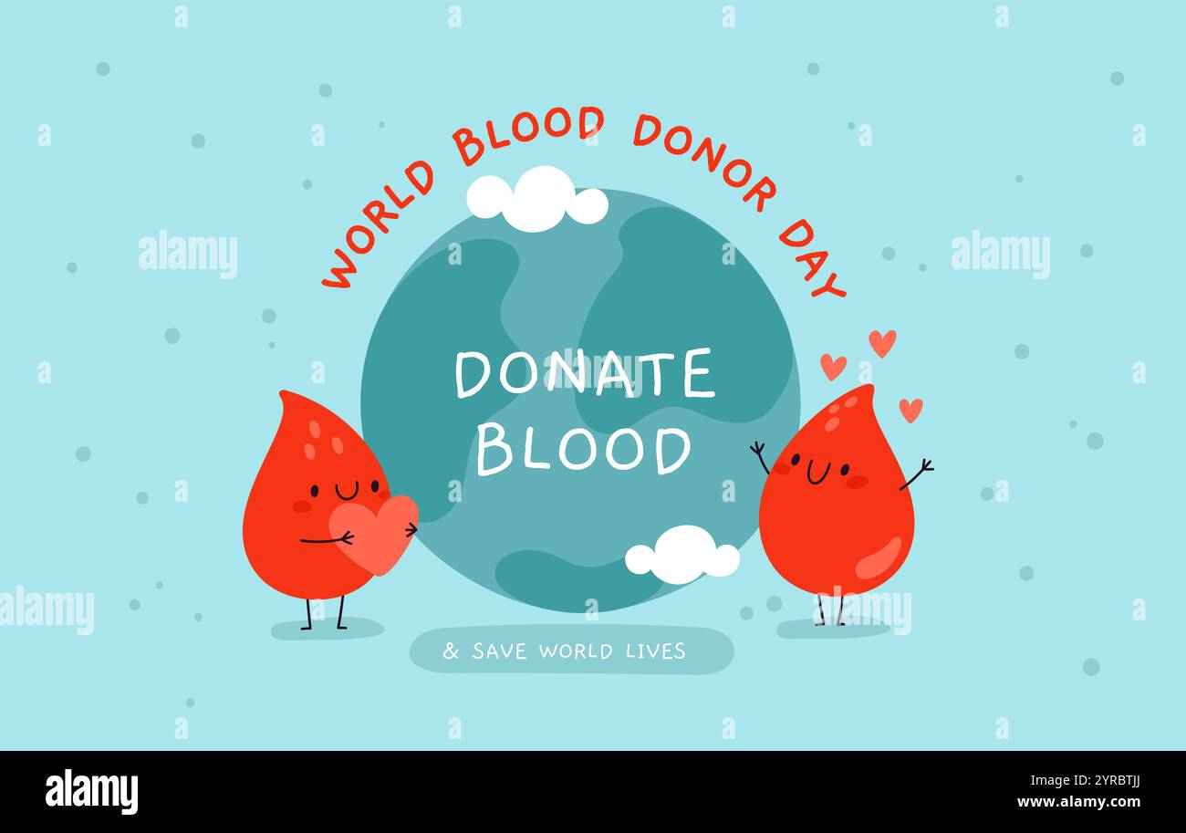 Journée mondiale du don de sang. De jolies gouttes rouges tiennent des coeurs sur fond de globe. Soins médicaux. Gouttes sanglantes. Traitement hospitalier. Symboles drôles de transfusion. Gari Illustration de Vecteur