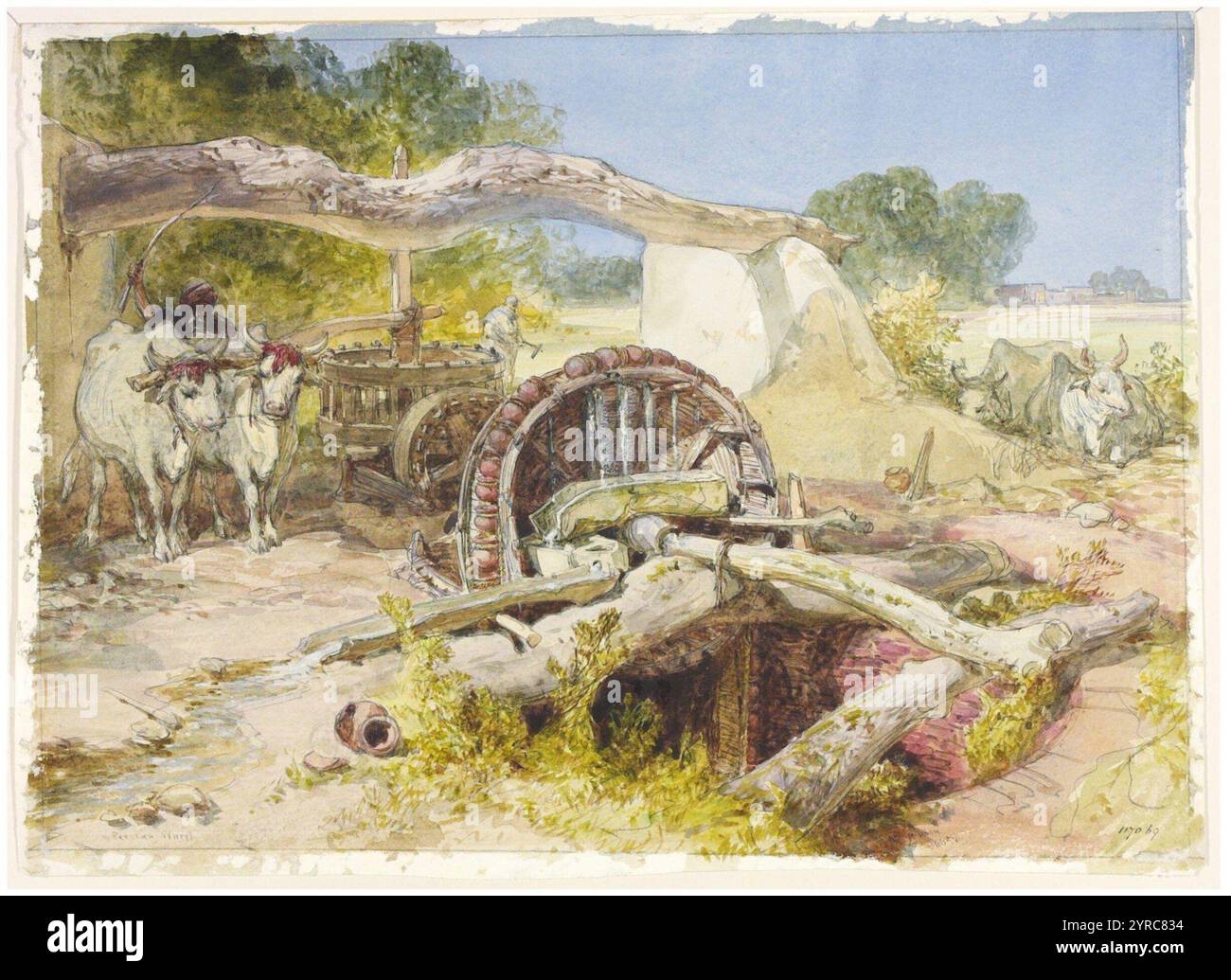 Vilagers à une roue persane, collecte de l'eau en Inde, aquarelle de William Simpson, vers 1866 Banque D'Images