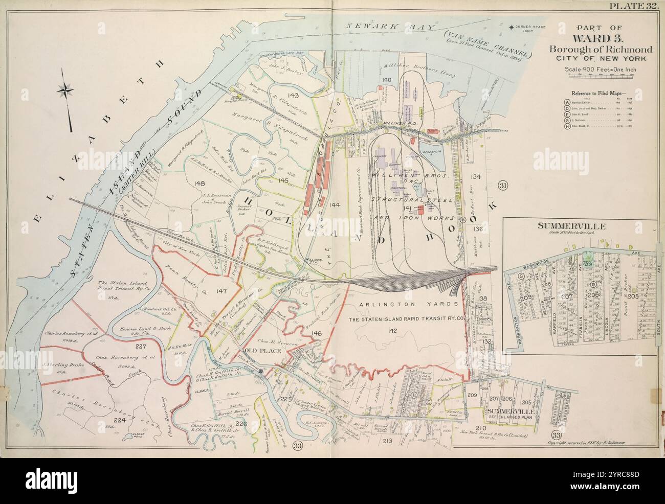 Planche 32, partie du quartier 3 : [carte Bound by State Line, Richmond (Shore Road) Terrace, Holland Ave, John St, Washington Ave, Irving PL, South Ave, Old place Creek ; Summerville - Washington Ave, South Ave, Irving PL, Garfield Ave, Dechen Ave] 1907 par Robinson, E. (Elisha) Banque D'Images