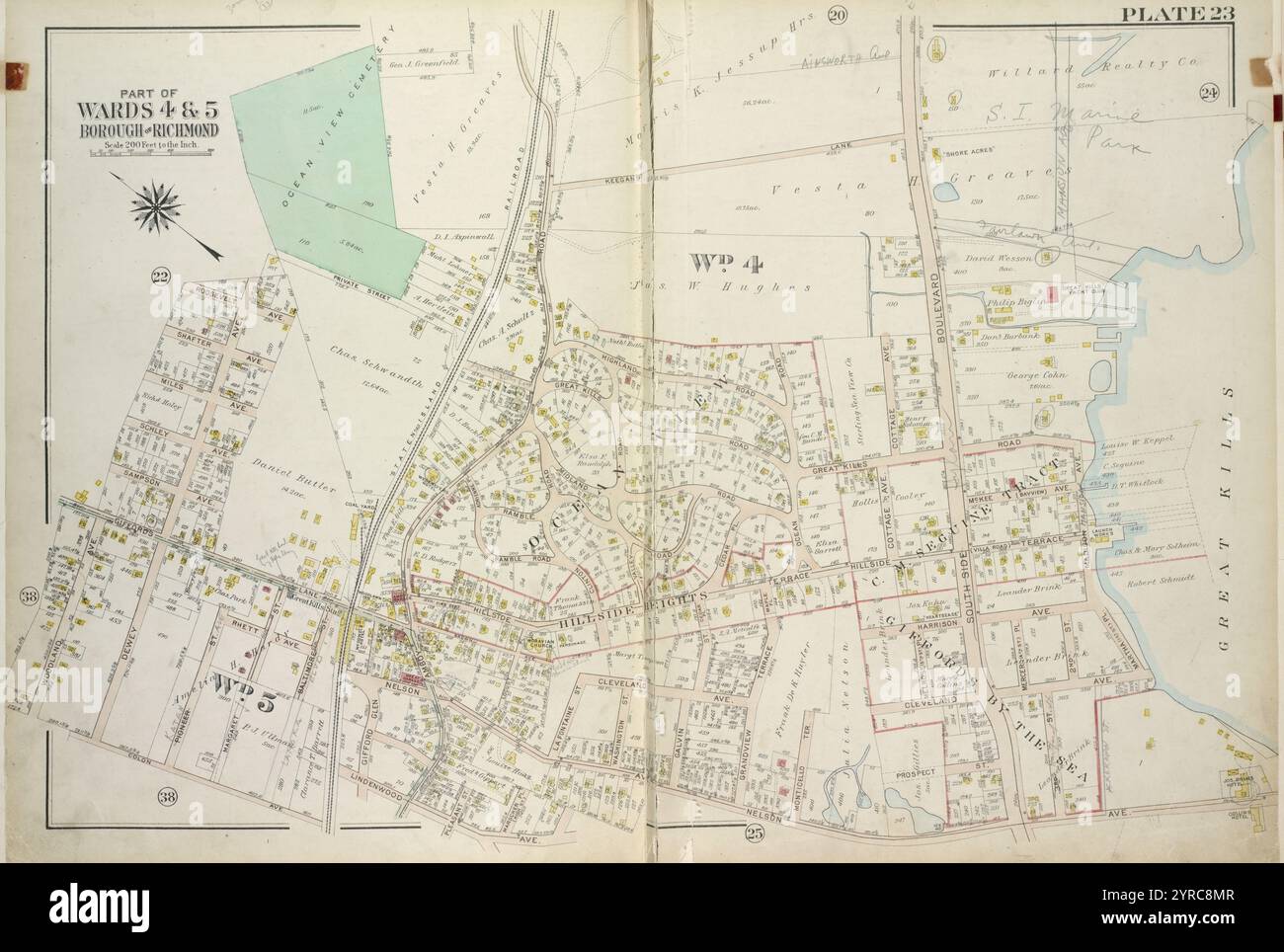 Plate 23, part of Wards 4 & 5 [Map Bound by Ocean View Cemetery, Staten Island Rail Road, Amboy Road, Keegans Lane, South Side Boulevard, Great Kills Road, Great Kills, Madison Ave, Martha PL (1st St), Cleveland Ave, 3rd St, Nelson Ave, Linderwood Ave, colon Ave, Woodland Ave, Giffords Lane, Dewey Ave, Roosevelt Ave, Private St] 1917 par Bromley, George Washington Banque D'Images