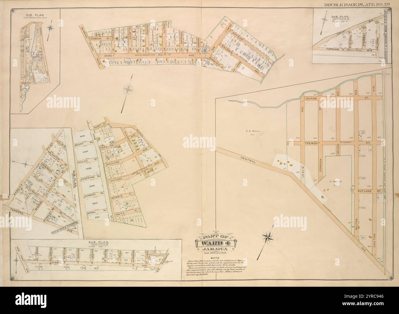 Queens, vol. 1, double page plate No. 29 ; part of Ward 4 ; Jamaica ; Sub Plan ; [Map Bounded by Merrick Road, Cumberland, Carmen PL., Highview PL., Highview Ave., South, y compris Merrick Plank Road, Hobson, Dewey Ave., Samuel préparées, Gilbert préparées, George –, Adolph préparés, Theodore préparés, Herbert préparés, Watson Ave., Baldwin Ave., Borough Lane, Rosevelt Ave.] ; Sub Plan from plate No. 18 ; [Map Bounded by Locust Ave., Waldron préparent, Forman Ave., Stevens préparées, Stewart préparées; dont Duane, Tremont préparé, Rutland composé, Central Ave., Leslie Ave., Gordon, avenue Irving, avenue Wilton, avenue Caxton] ; sous-section Banque D'Images