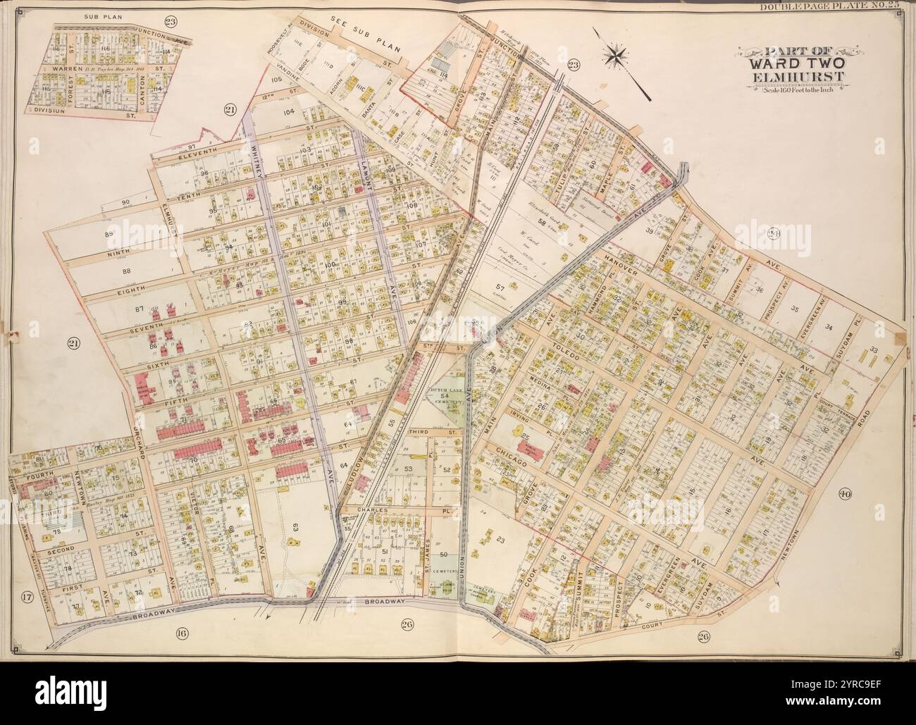 Queens, vol. 2, double page plate No. 25 ; Sub Plan ; [Map Bounded by Junction Ave., Canton réunis, Division réunis ; Including Forest réunis, Warren réunis]; part of Ward Two Elmhurst ; [Map Bounded by Roosevelt Ave., Division préparée, Junction Ave., Newtown Road ; include court Broadway, Astoria and Flushing Turnpike (baxter équipé), Orchard Ave.] 1908 - 1912 Banque D'Images