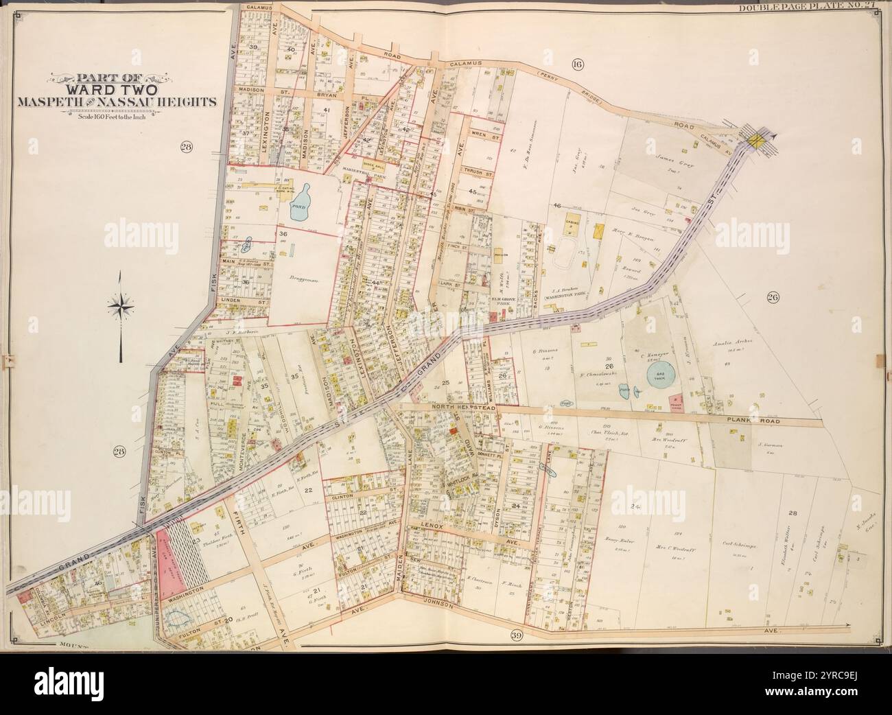 Queens, vol. 2, double page plate No. 27 ; part of Ward Two Maspeth and Nassau Heights ; [Map Bounded by Calamus Road (Penny Bridge), Calamus Ave., grand équipé, North Hempstead Plank Road, Johnson Ave., Maiden Lane ; y compris Fulton, Firth Ave., Juniper Ave., Lincoln PL., Columbia Ave., Fisk Ave.] 1908 - 1912 Banque D'Images