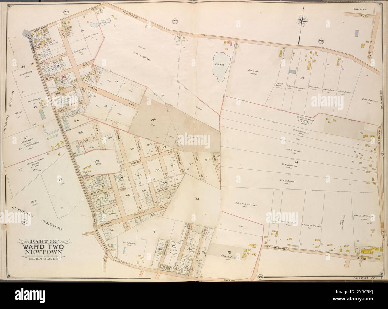 Queens, vol. 2, plaque double page no 40 ; partie du quartier Two Newtown ; [carte délimitée par Johnson Ave., Harbor Road, Furmanville Road ; incluant Juniper Swamp, Juniper Avenue, chemin] ; Plan secondaire ; [carte bornée par Dry Harbor Road] 1908 - 1912 Banque D'Images