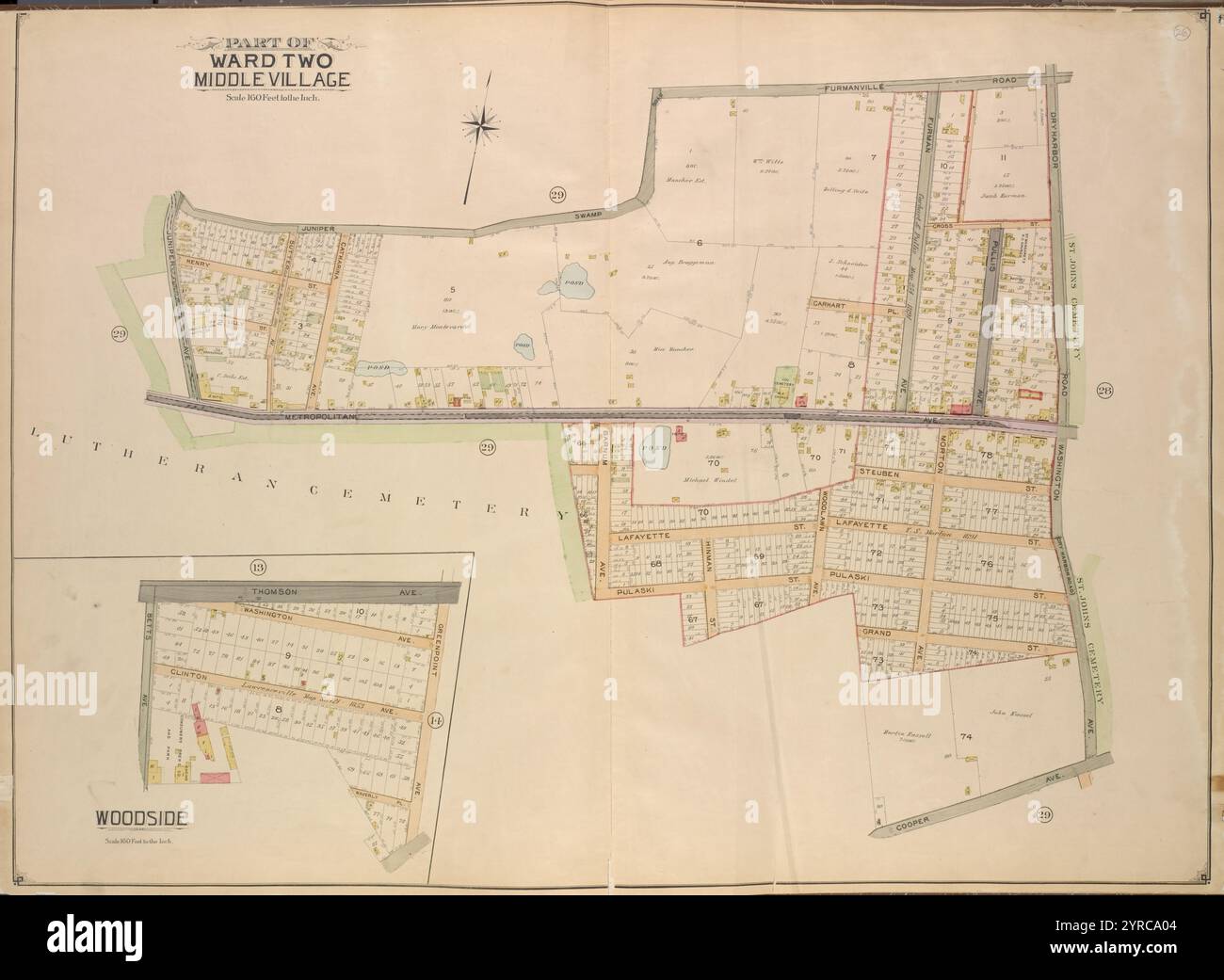 Queens, Vol. 2, double page plate No 26 ; partie du quartier Two Middle Village ; [carte bornée par Juniper Swamp Road, Furmanville Road, Dryharbor Road, Washington Road ; incluant Cooper Avenue, Barnum Ave., Metropolitan Ave., Juniper Ave.] ; Woodside ; [carte bornée par Thomson Ave., Greenpoint Ave. ; incluant Waverly PL., Betts Ave.] 1903 Banque D'Images