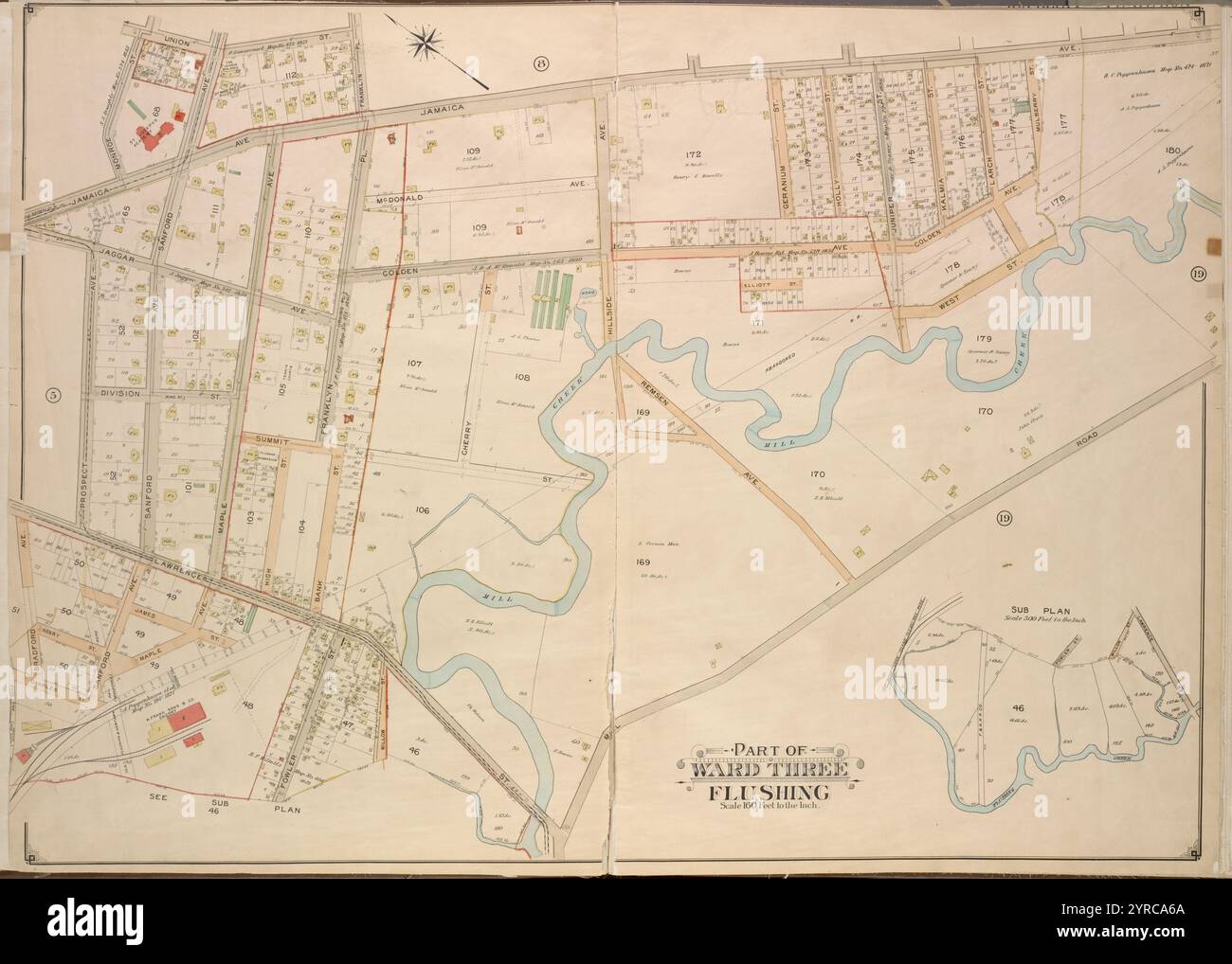 Queens, vol. 3, double page plate No. 6 ; part of Ward Three Sub Plan ; [Map Bounded by Flushing Creek ; include Fowler assurés, Willow assurés, Lawrence assurés] ; part of Ward Three Flushing. [Carte délimitée par Bradford Ave., Sanford Ave., Maple Ave., Prospect Ave., Jaggar Ave., Jamaica Ave., Colden Ave., Hillside Ave., Remsen Ave., MHL Road, McDonald Ave. ; y compris Monroe réunis, Union réunis, Division réunis, King réunis, Charles –, James préparés, High préparées, Bank préparées, Fowler préparées, Franklyn PL. Willow., Cherry préparés, Summit préparés, Lawrence préparés, Geranium préparés, Holly., Juniper préparés, Kalmia préparés, Larch préparés, Mulberry préparés] 1908 Banque D'Images